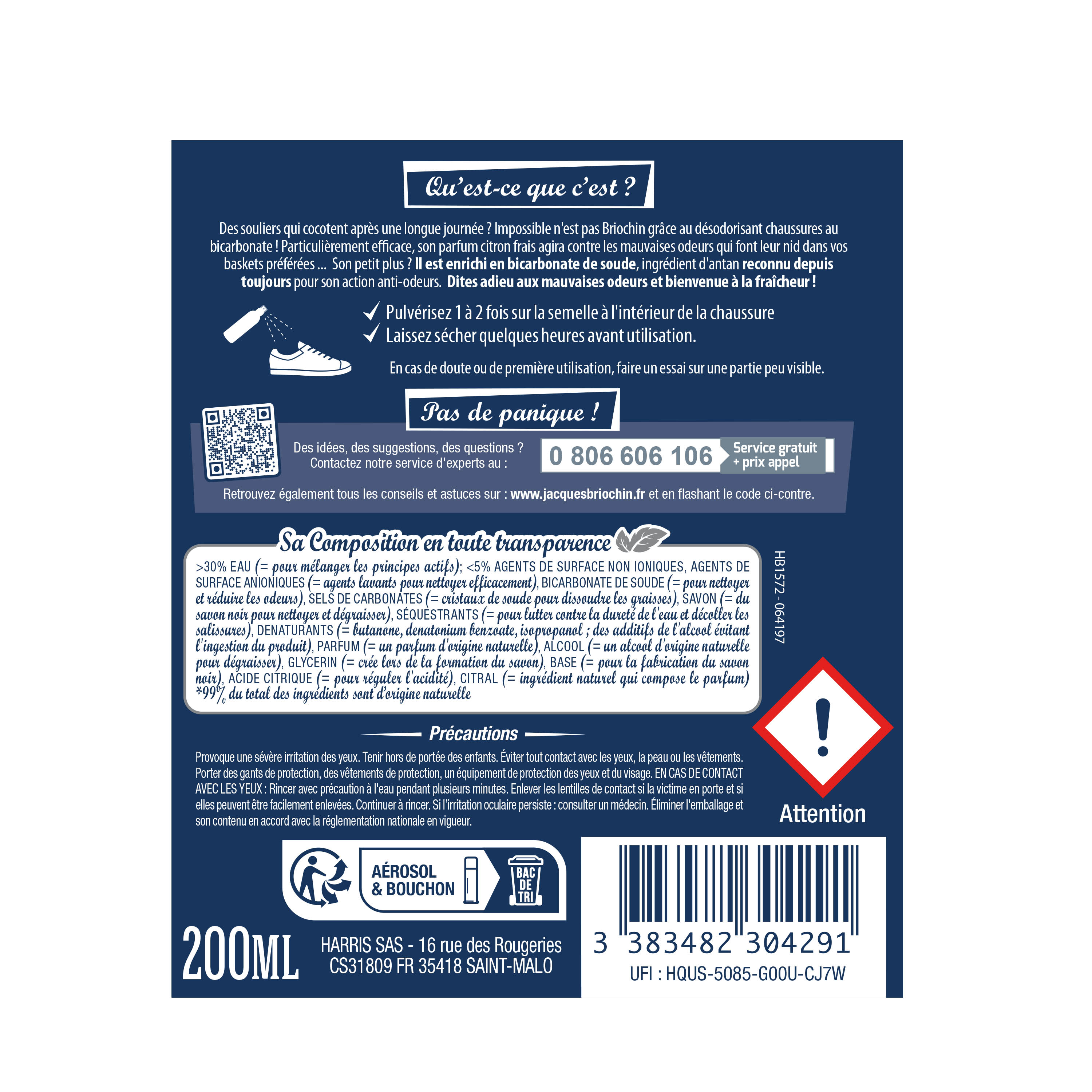 JACQUES BRIOCHIN - Désodorisant chaussures au bicarbonate 200ml Parfum citron