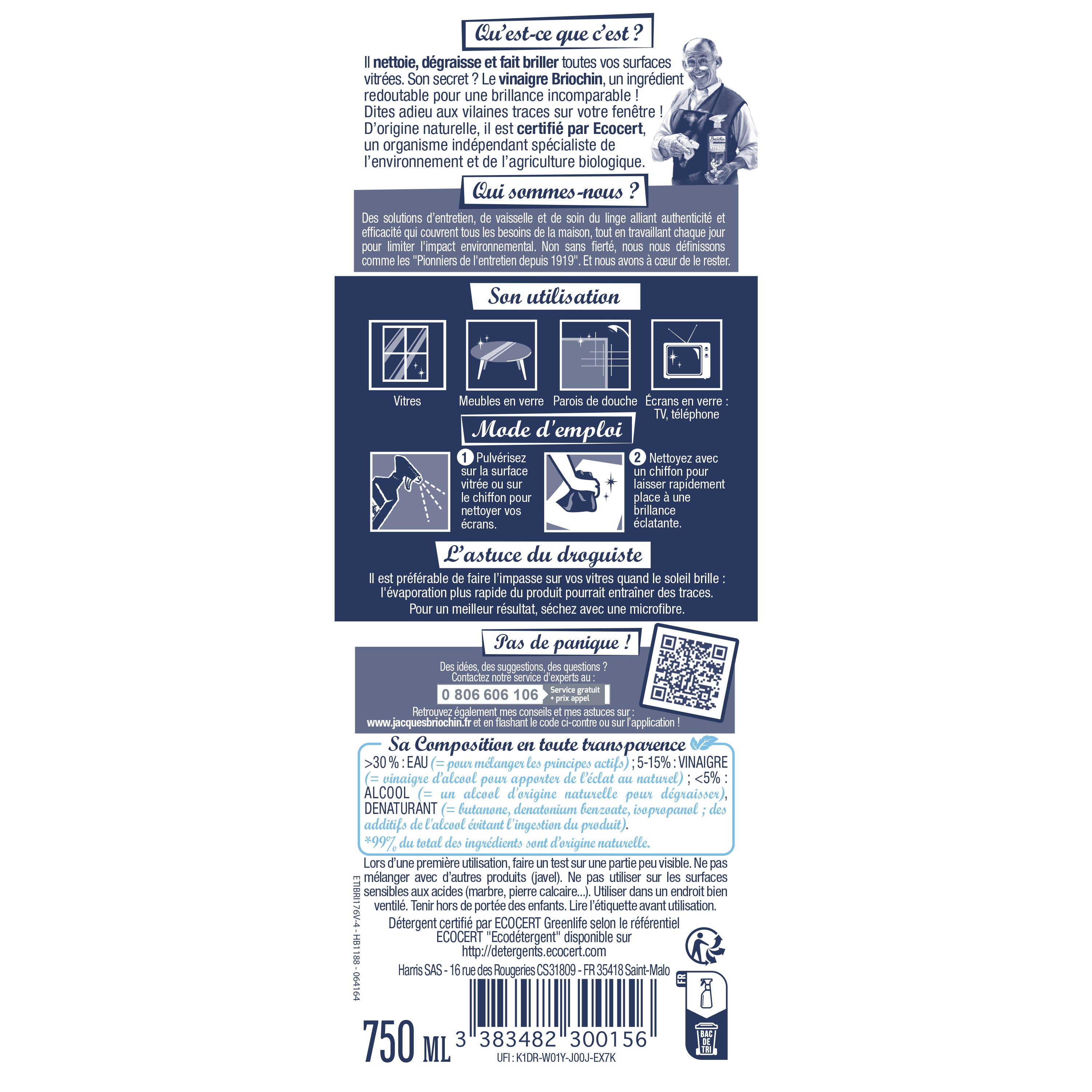 JACQUES BRIOCHIN - Nettoyant surfaces vitrées 750ml Sans parfum