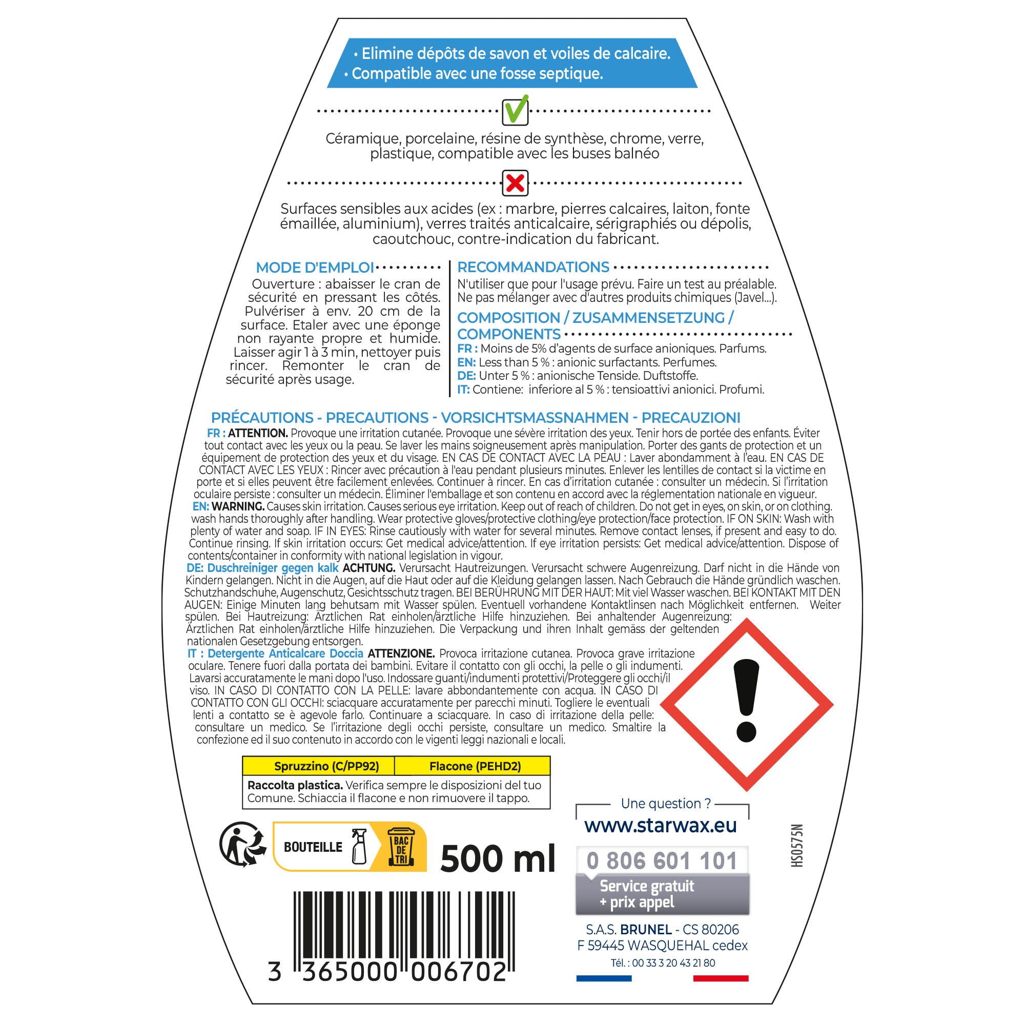 STARWAX - Nettoyant anti-calcaire pour cabine de douche 500ml