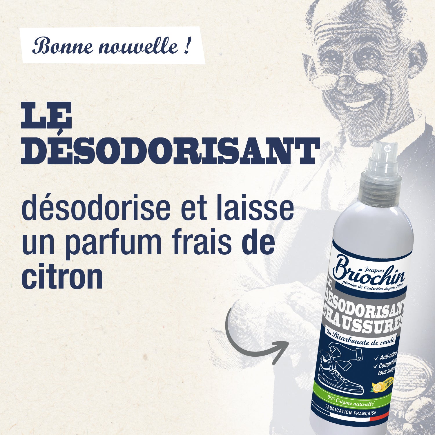 JACQUES BRIOCHIN - Désodorisant chaussures au bicarbonate 200ml Parfum citron