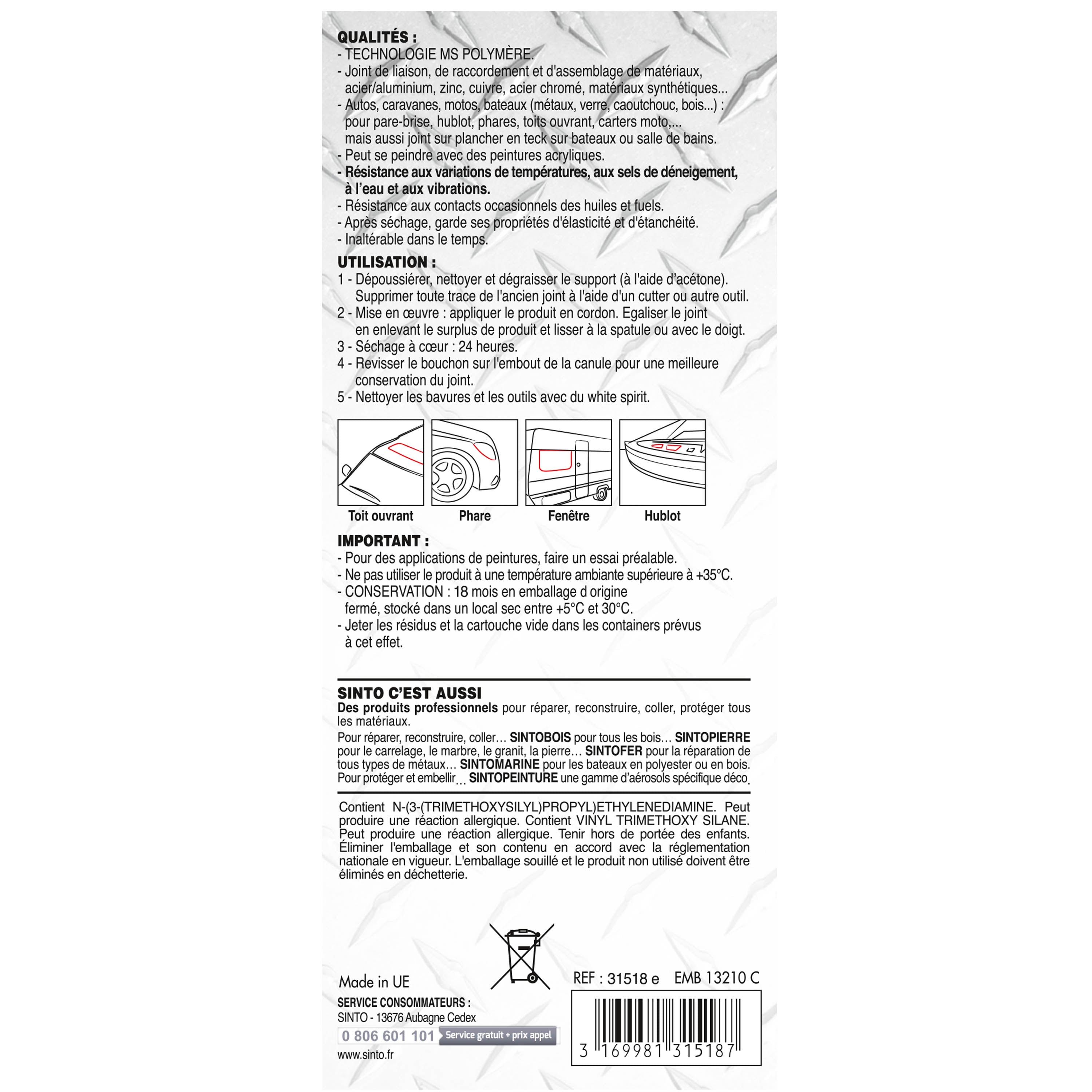 SINTO - Joint mastic auto marine 290ml Blanc