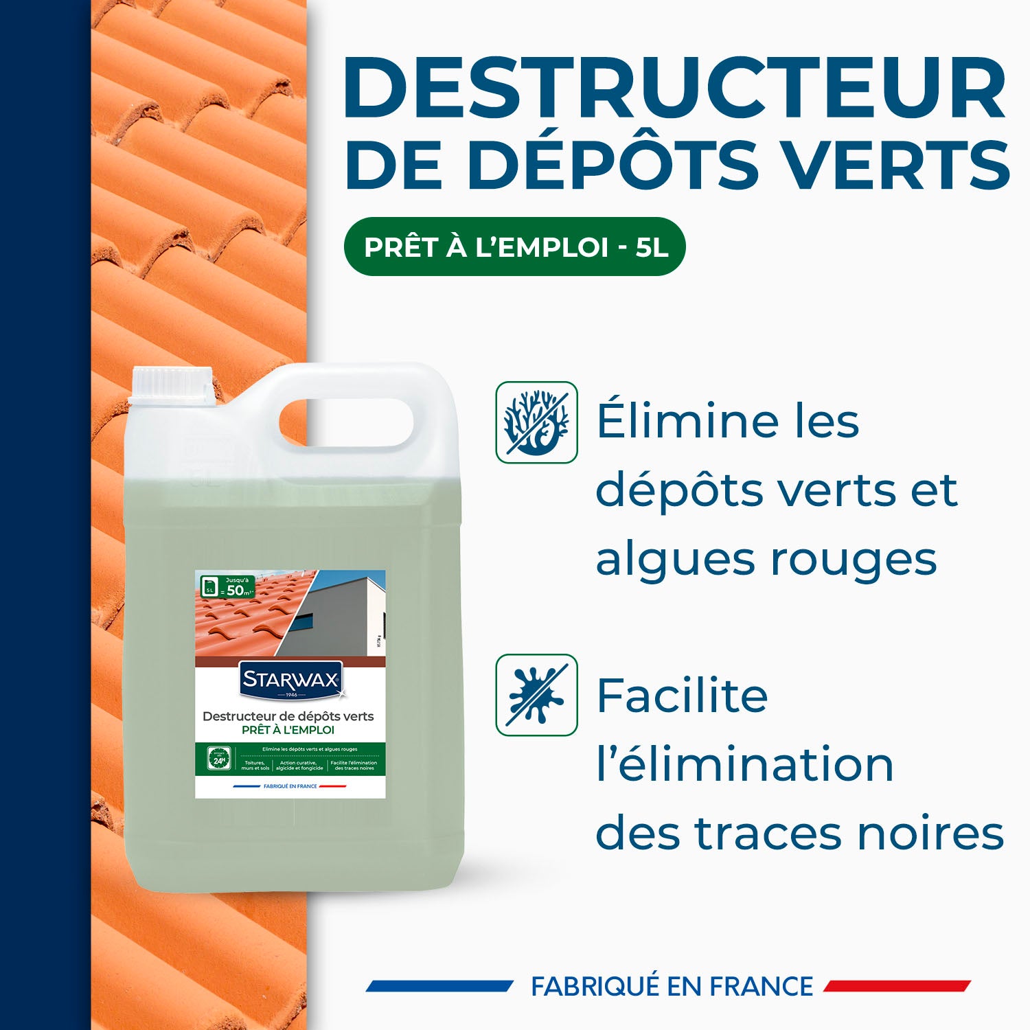 STARWAX - Destructeur de dépôts verts prêt à l'emploi pour toitures, murs et sols extérieurs 1L
