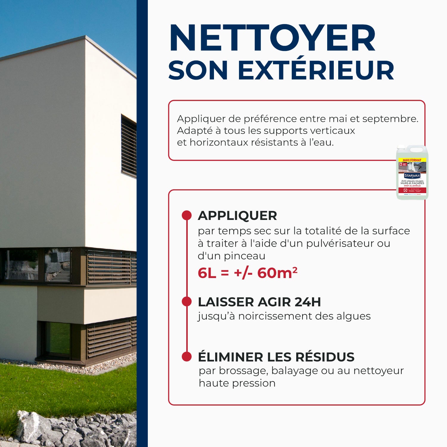 STARWAX - Traitement anti-algues rouges prêt à l'emploi pour murs et façades 6L