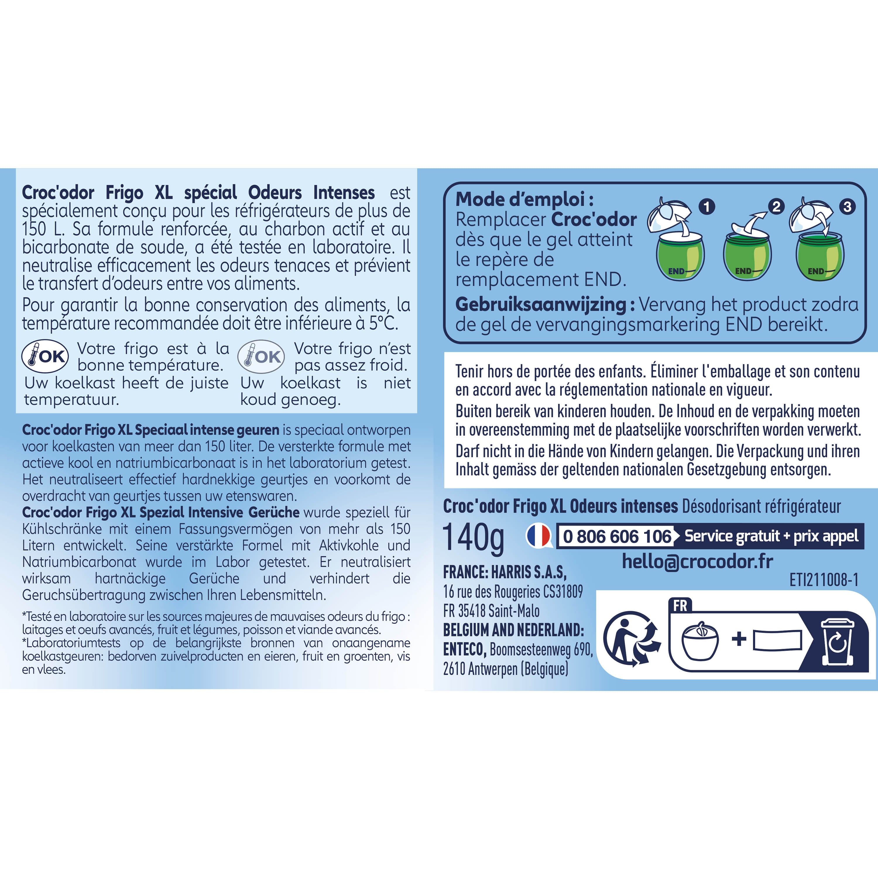 CROC ODOR - Absorbeur d'odeurs Frigo XL Odeurs intenses 140g Sans parfum