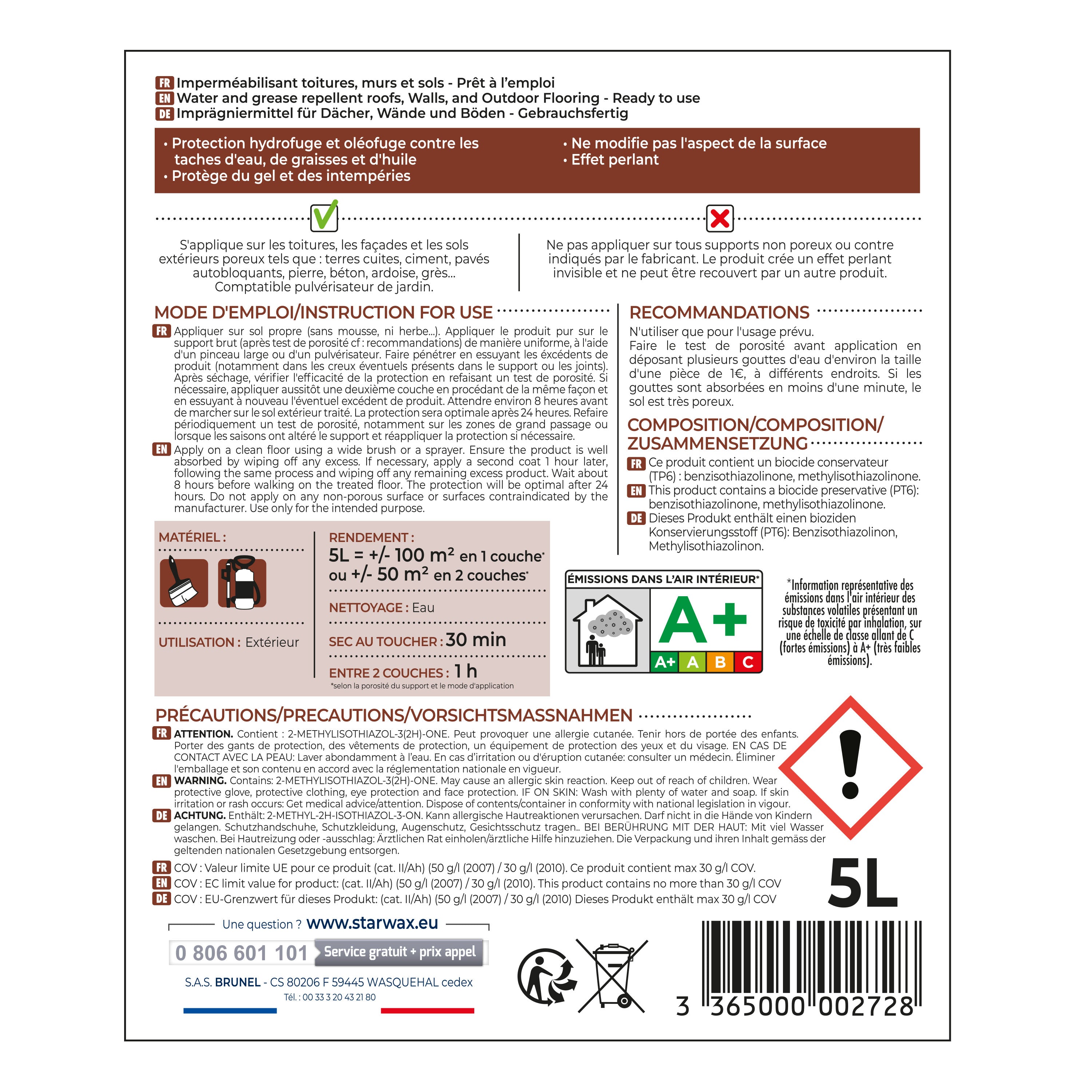 STARWAX - Imperméabilisant eau et graisses pour toitures, murs et sols extérieurs 1L