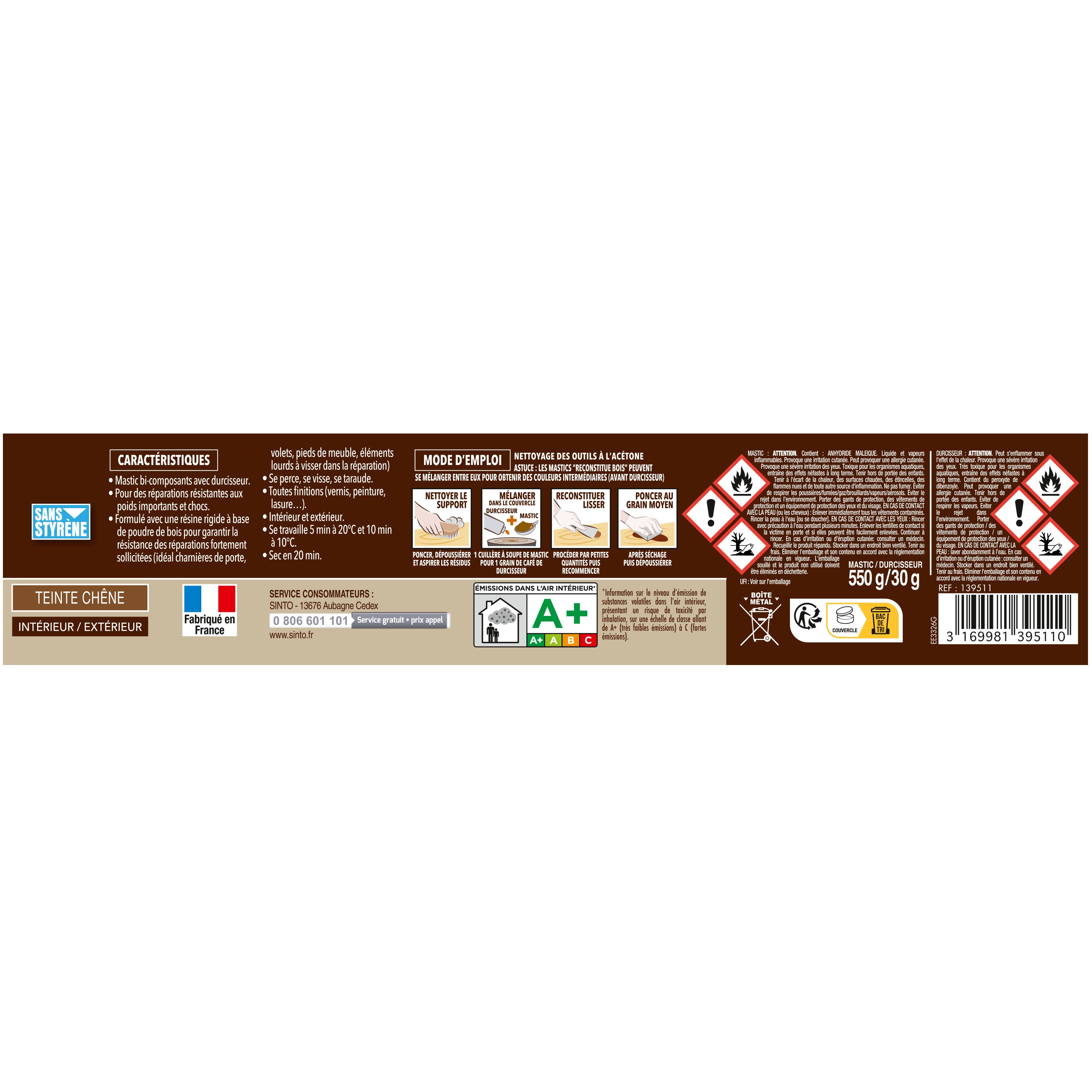 SINTO - Reconstitue bois charges lourdes 170ml Chêne