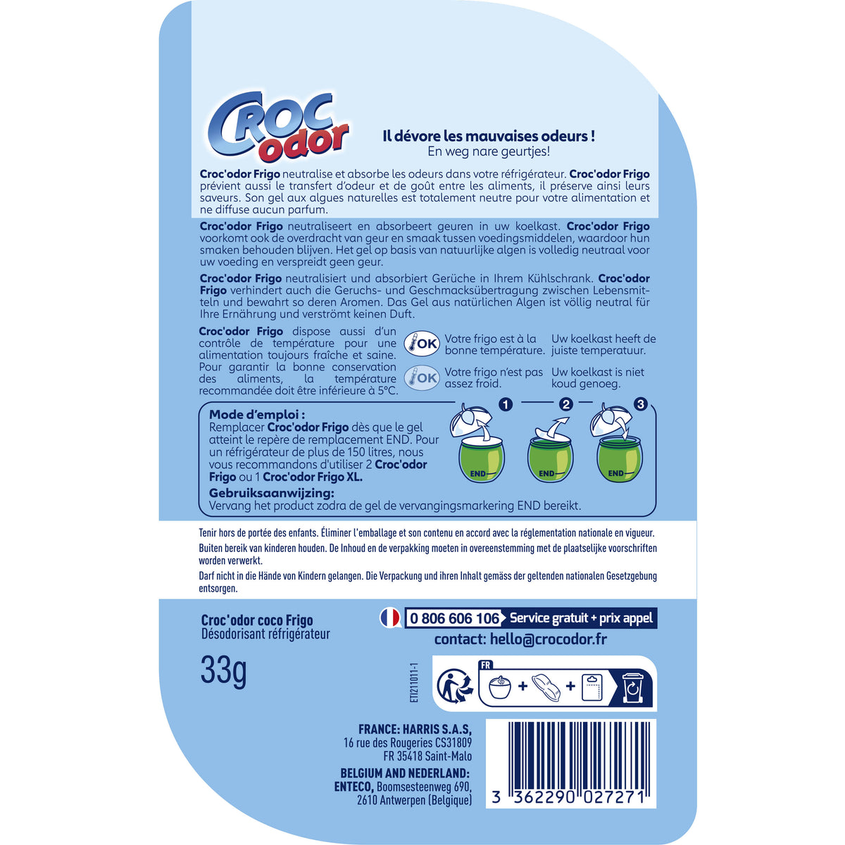 CROC ODOR - Absorbeur d'odeurs Frigo 33g Sans parfum