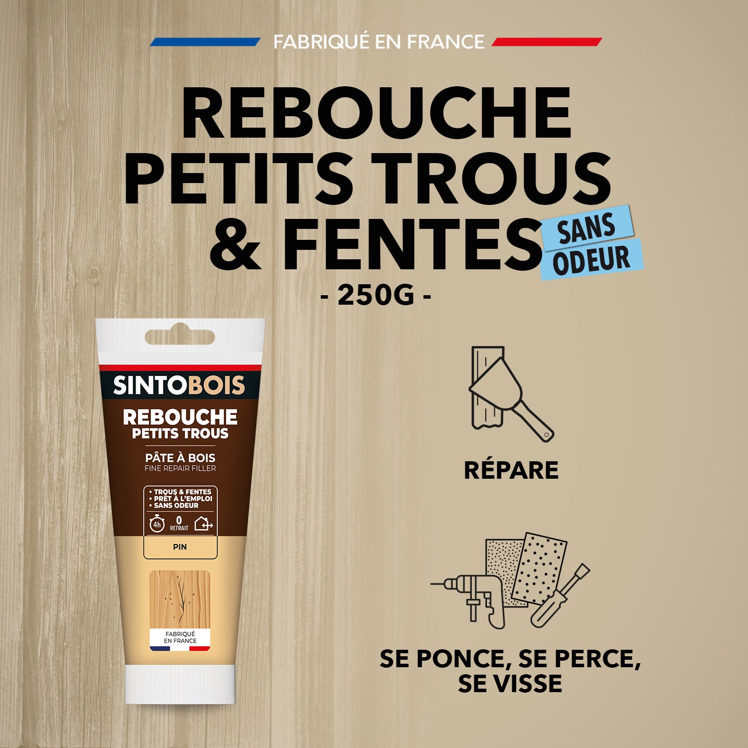 SINTO - Rebouche imperfections - Pâte à bois naturel 80g Blanc
