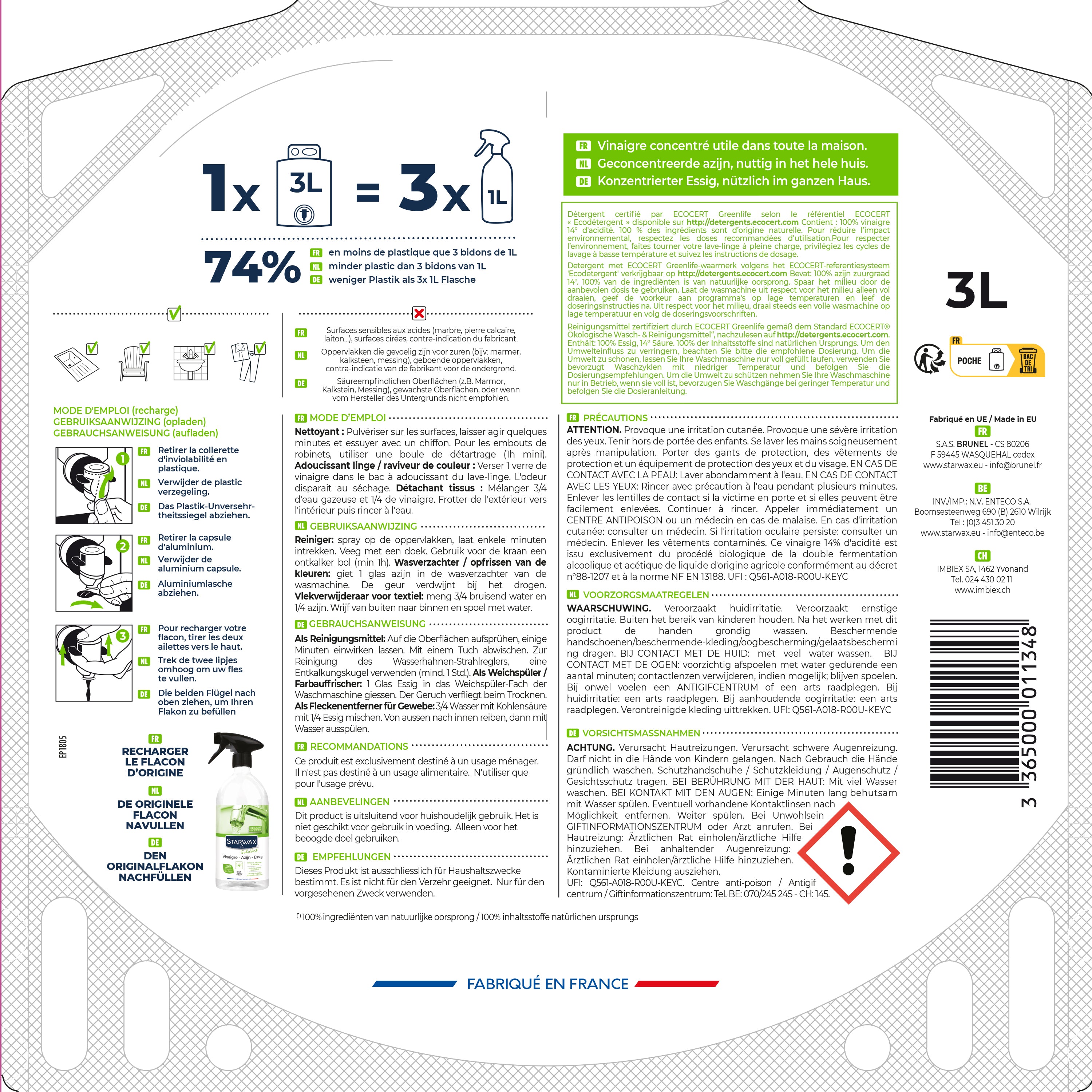 STARWAX - Vinaigre 14° Eco-recharge 3L