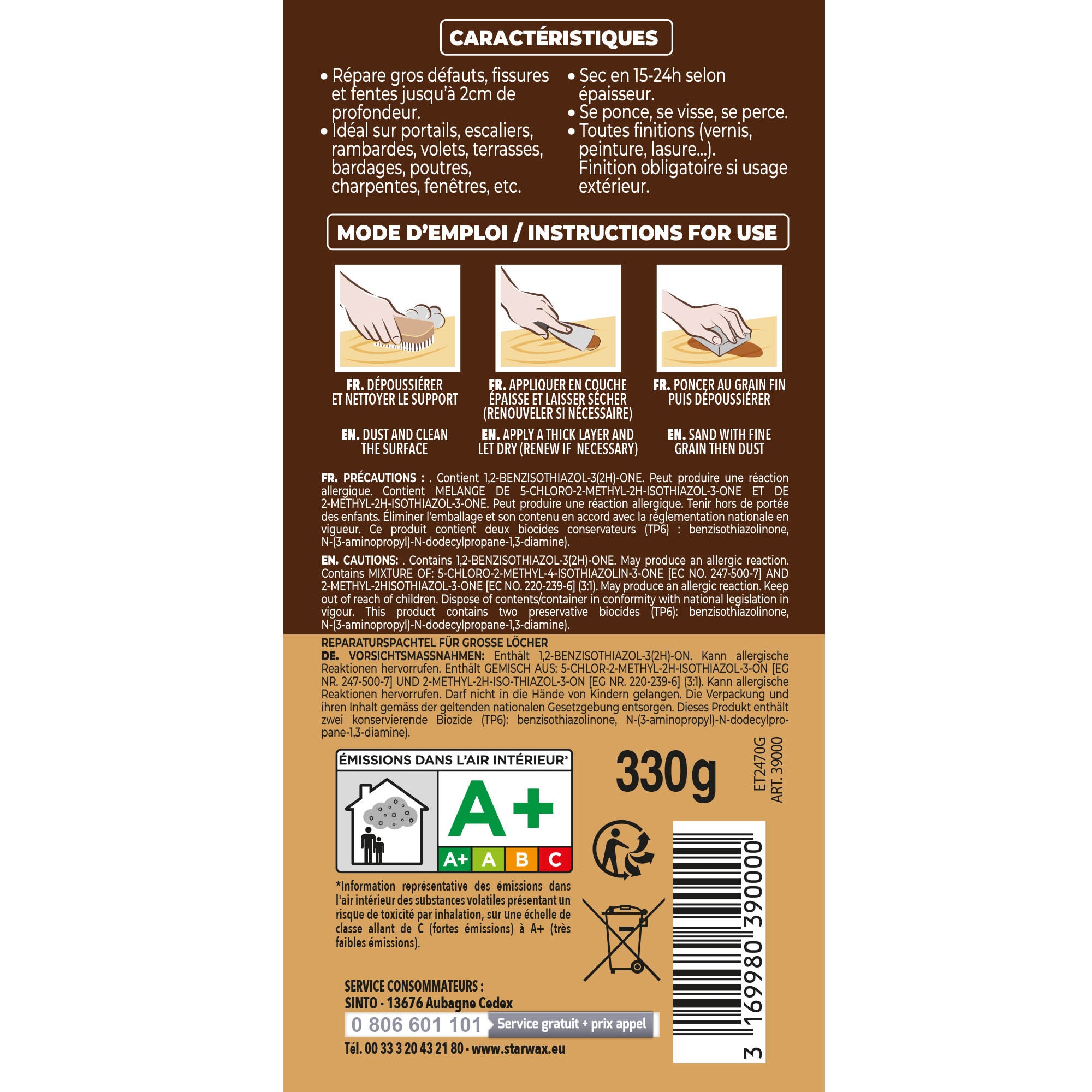 SINTO - Reboucher gros trous et fissures dans le bois clair 330g Bois clair