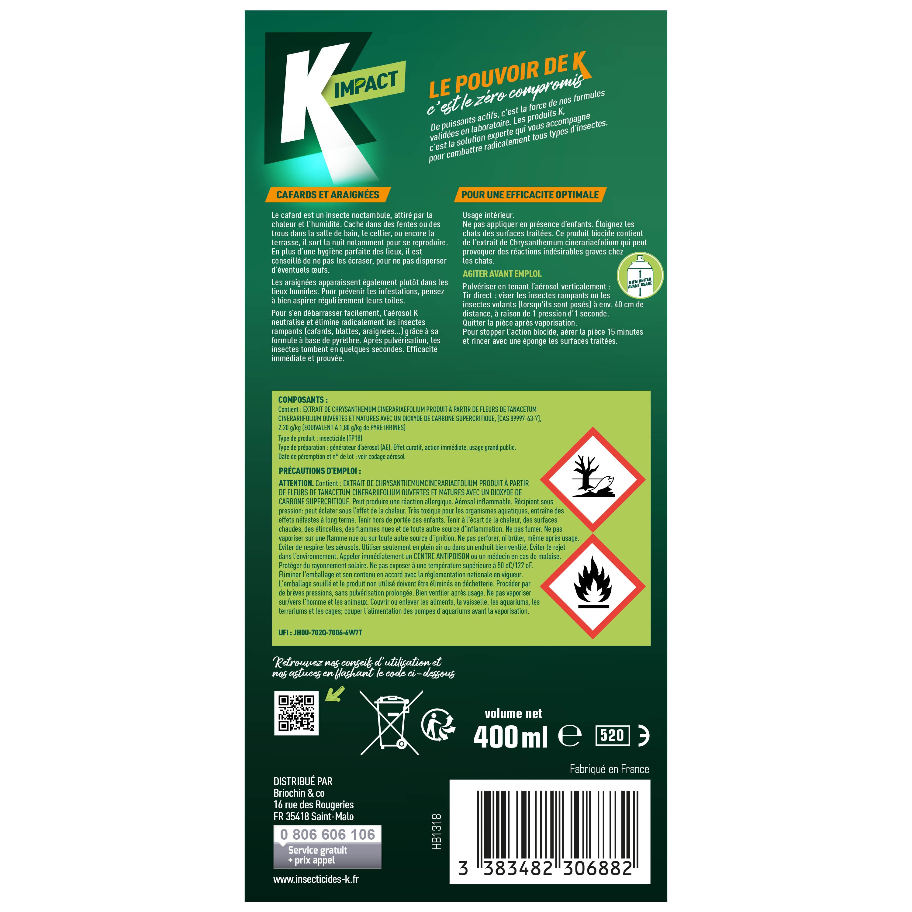 K - Aérosol anti-cafards, blattes et araignées 400ml
