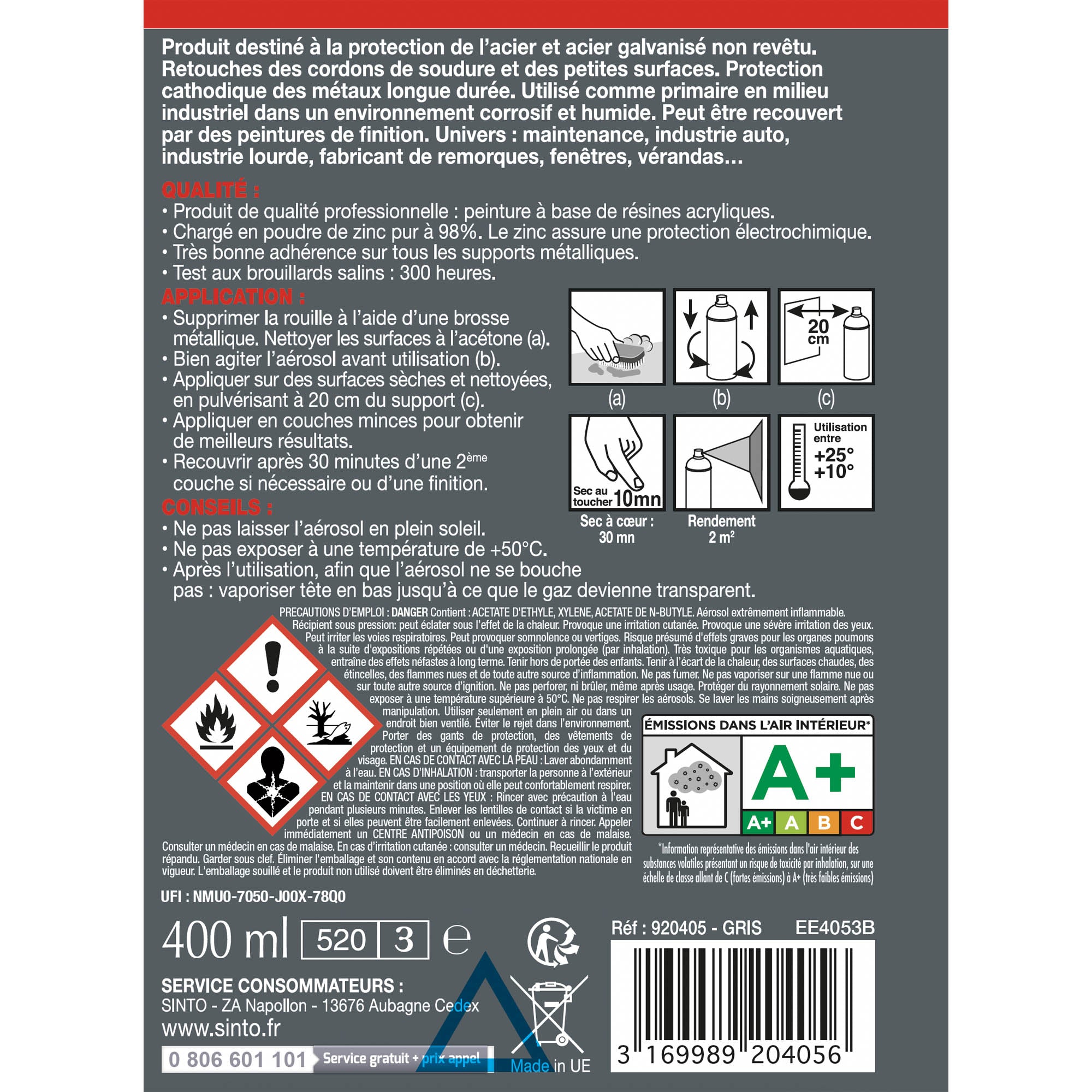 SINTO - Aérosol galva zinc 400ml Brillant