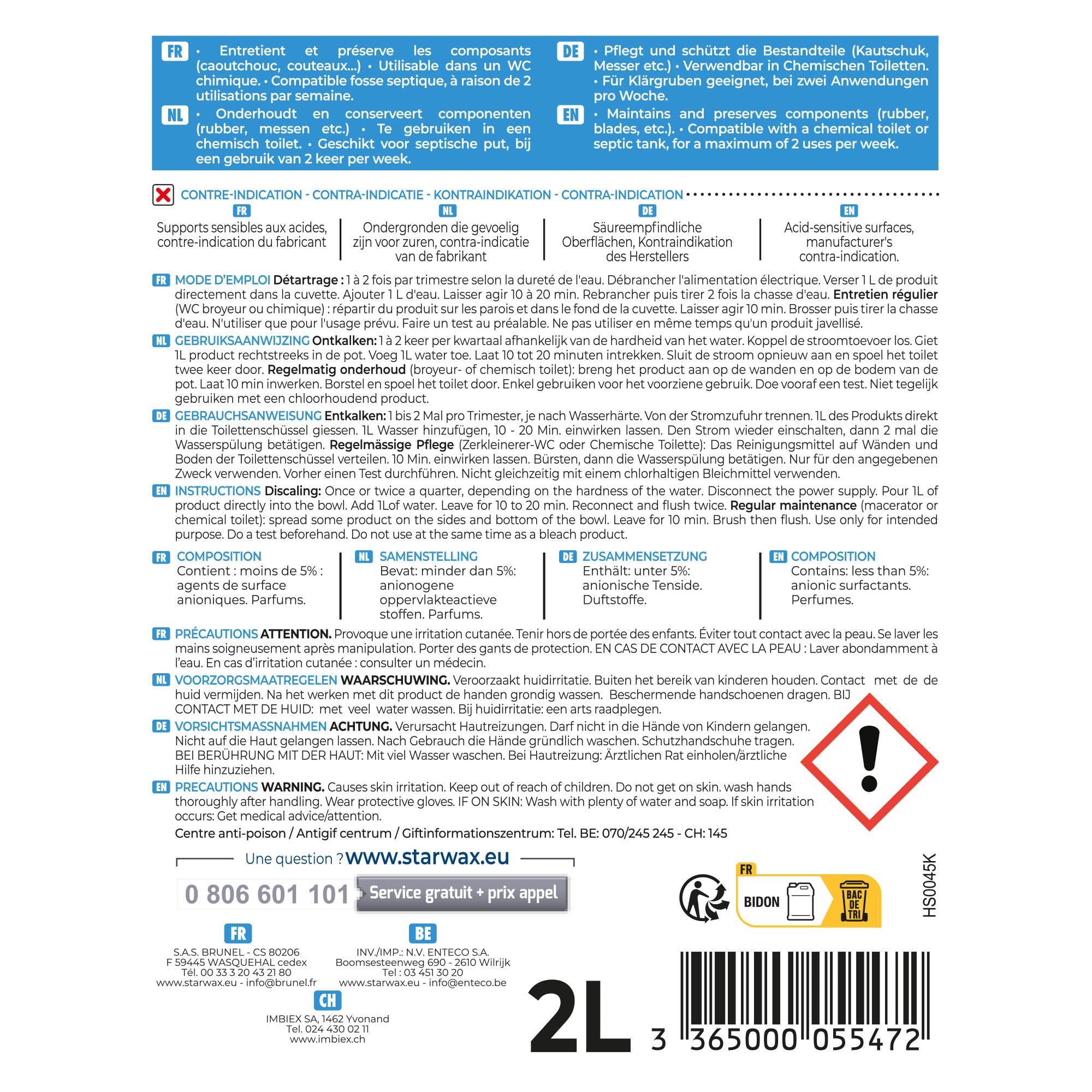 STARWAX - Détartrant pour WC broyeurs
2L