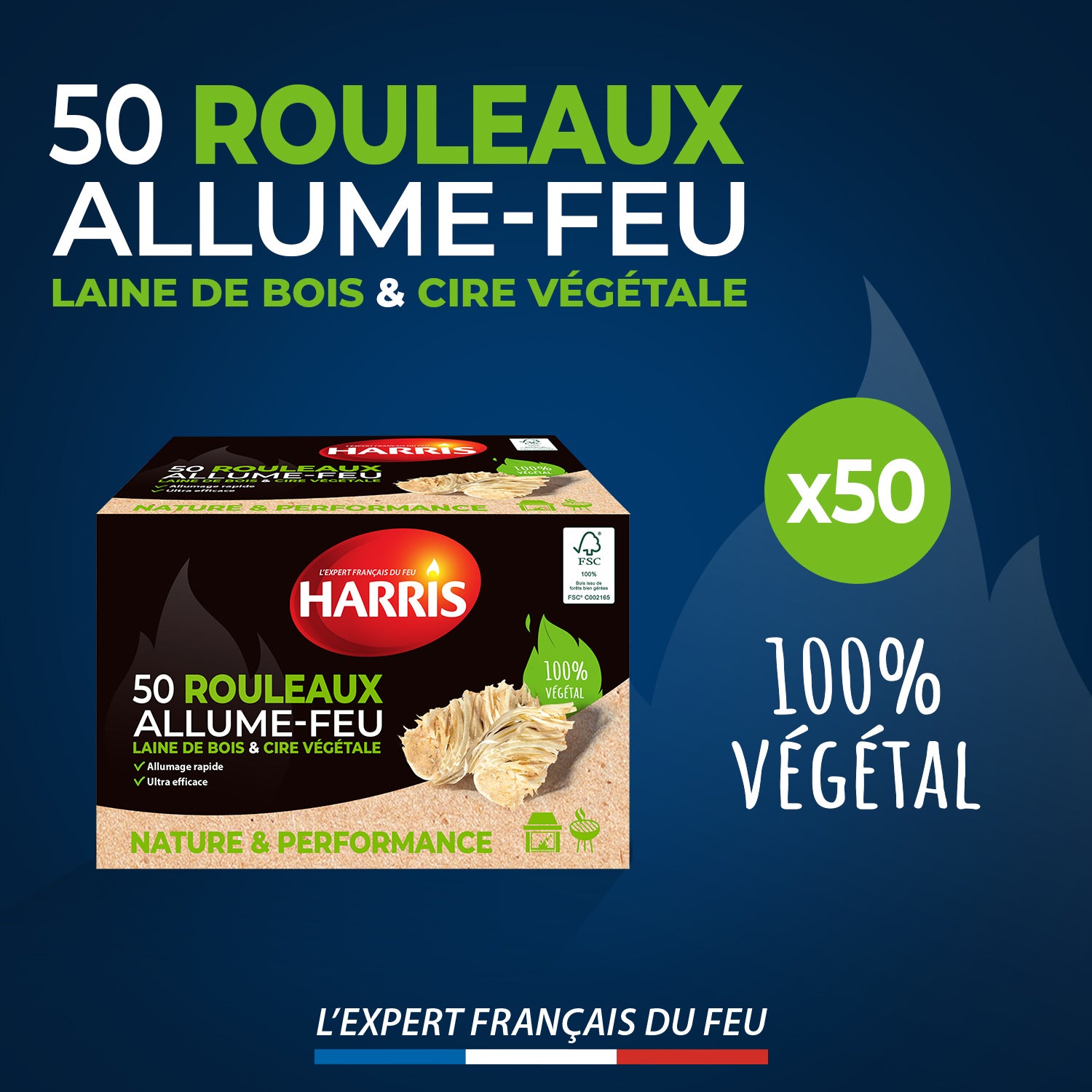 HARRIS - 50 rouleaux allume-feu 100% naturels FSC® x50