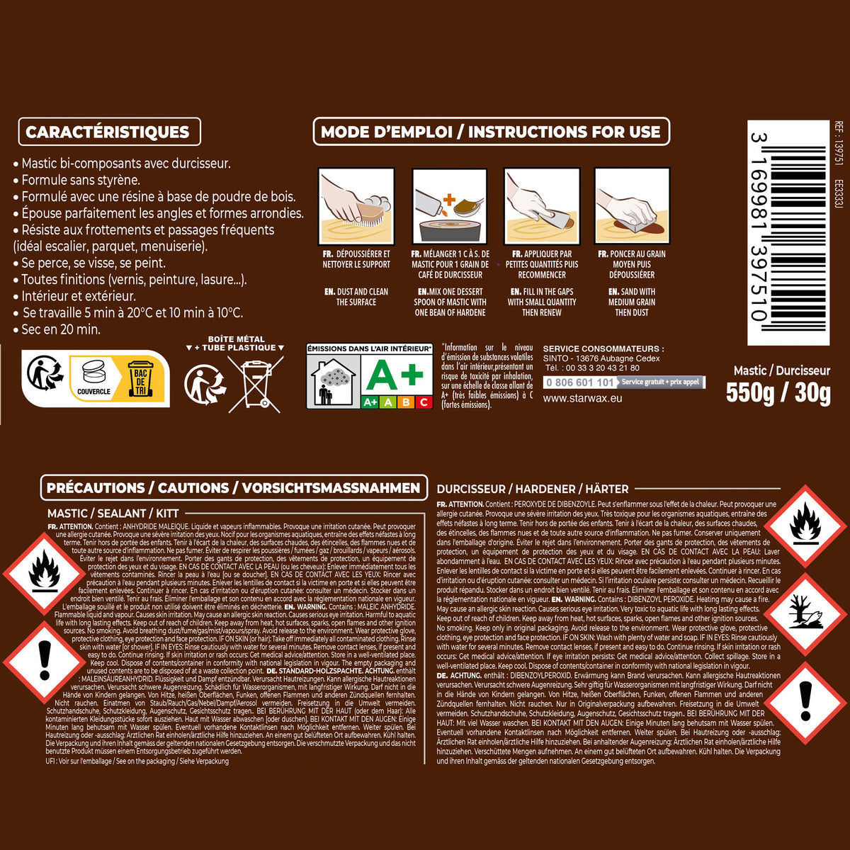 SINTO - Reconstitue angles et gros trous 500ml Chêne