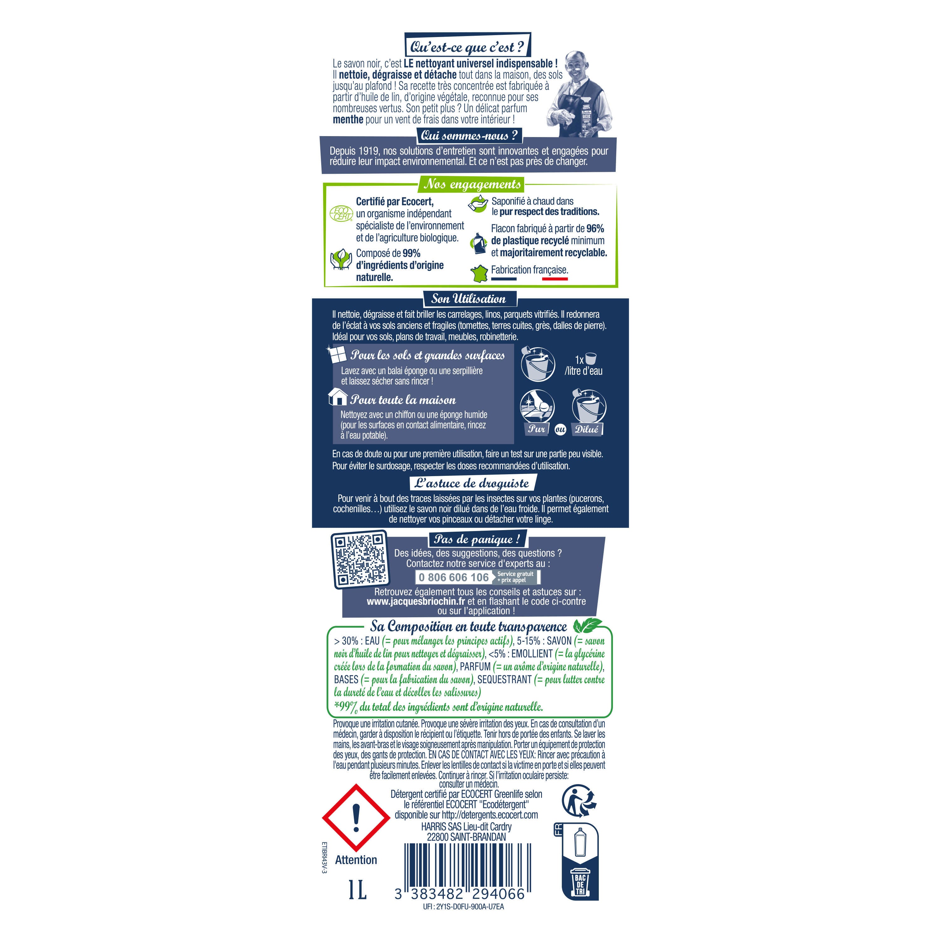 JACQUES BRIOCHIN - Savon noir liquide parfum menthe eucalyptus 1L Menthe eucalyptus