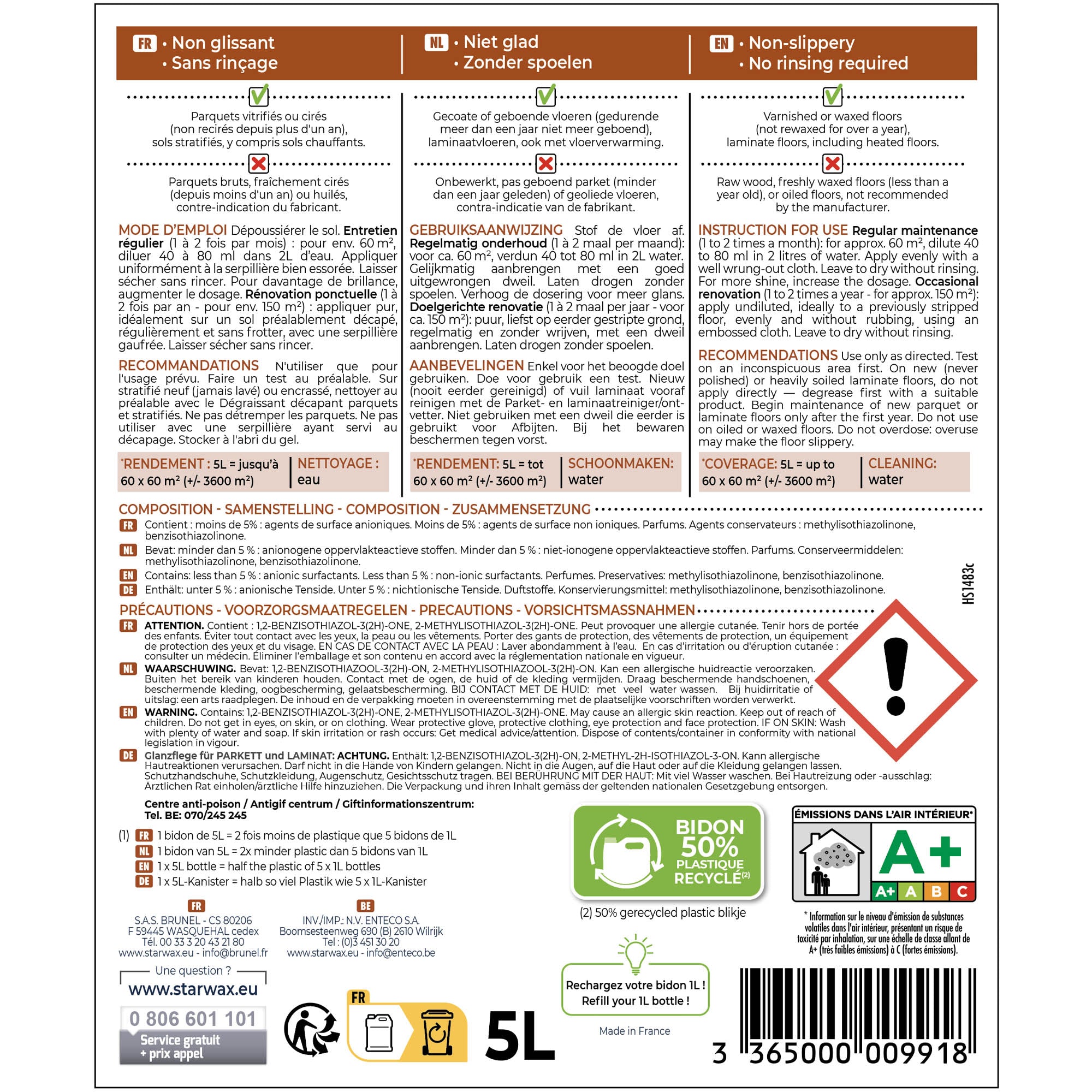 STARWAX - Entretien brillant pour parquets et sols stratifiés
1L