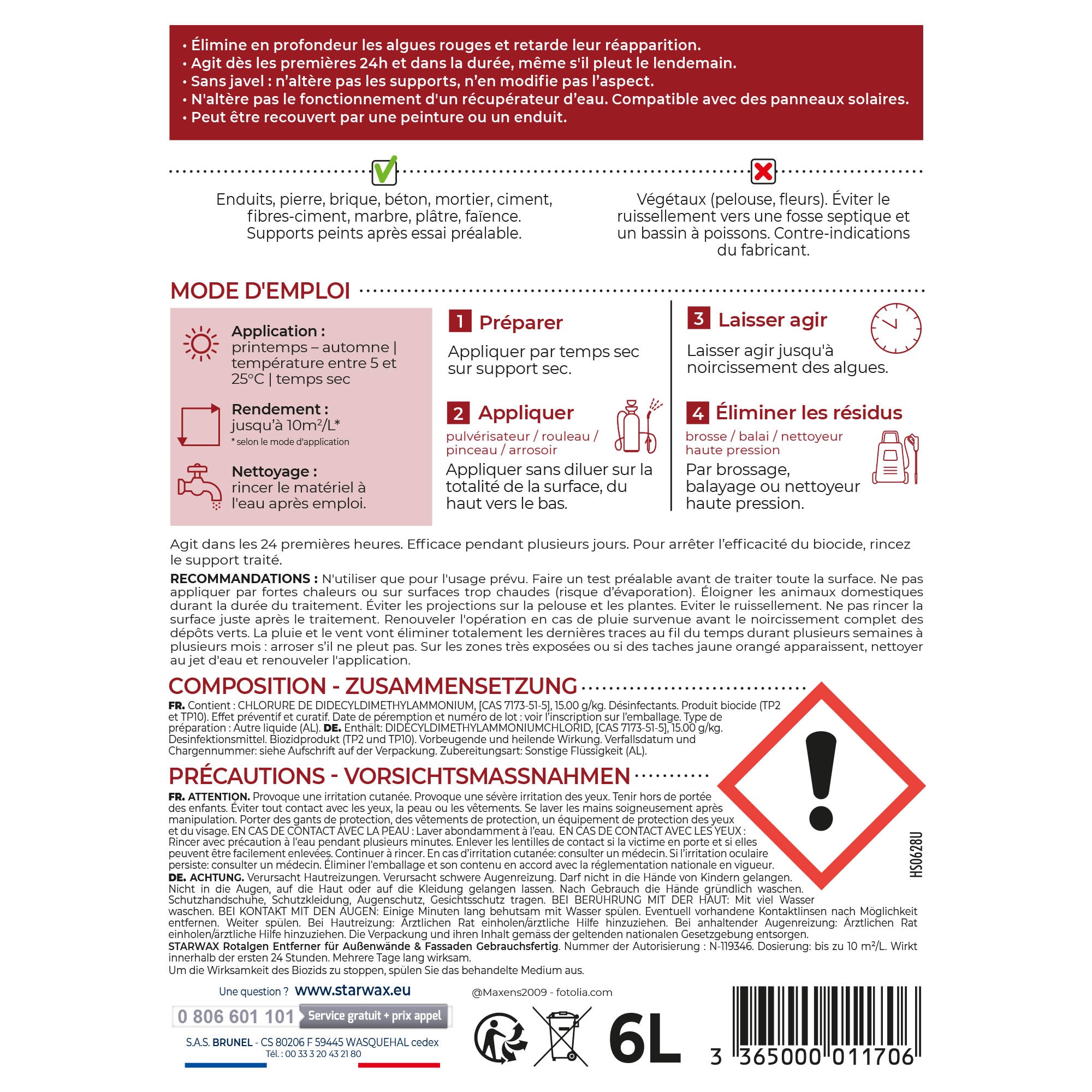 STARWAX - Traitement anti-algues rouges prêt à l'emploi pour murs et façades 6L