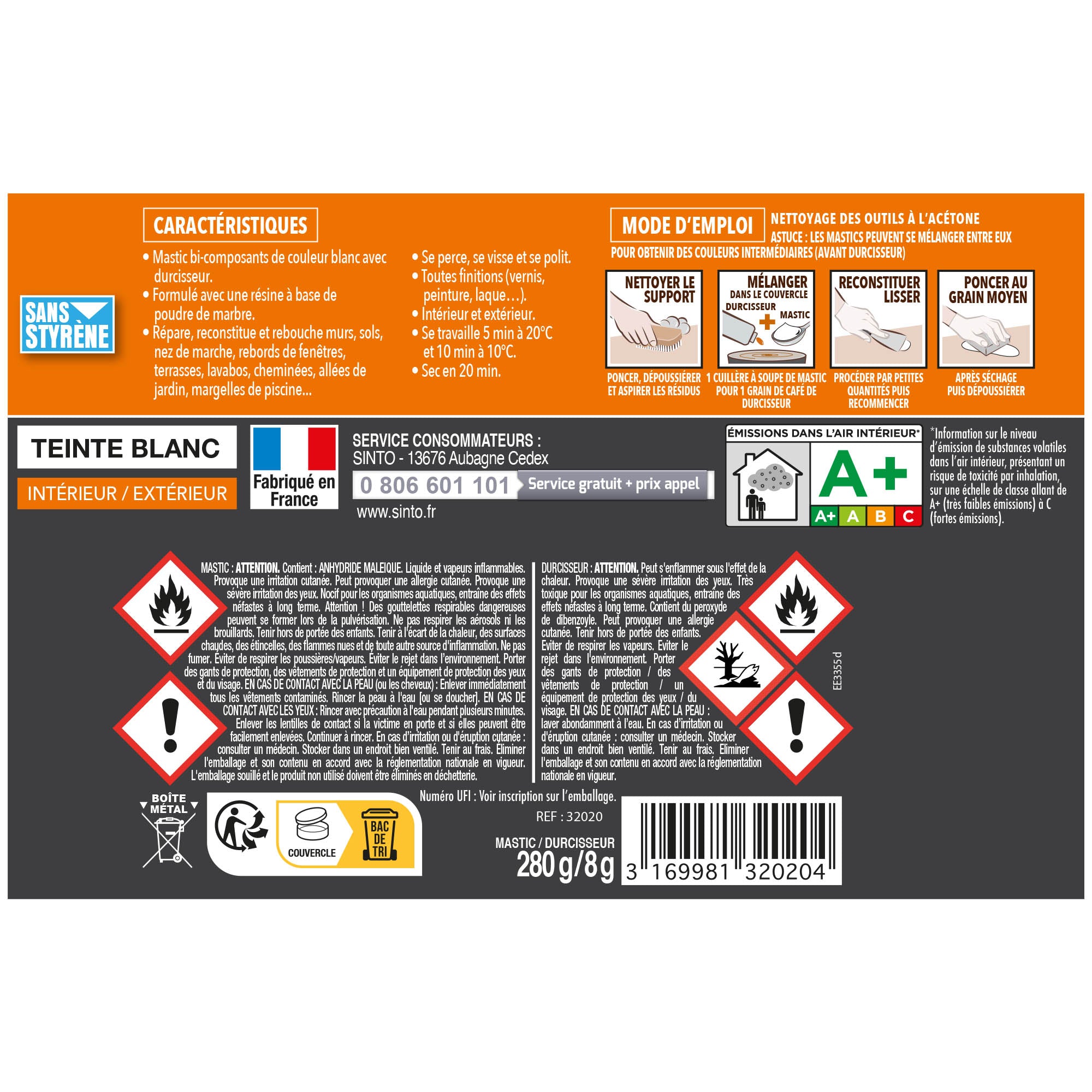 SINTO - Répare sols et murs blanc (marbre, faïence, carrelage, plâtre) 280g Blanc