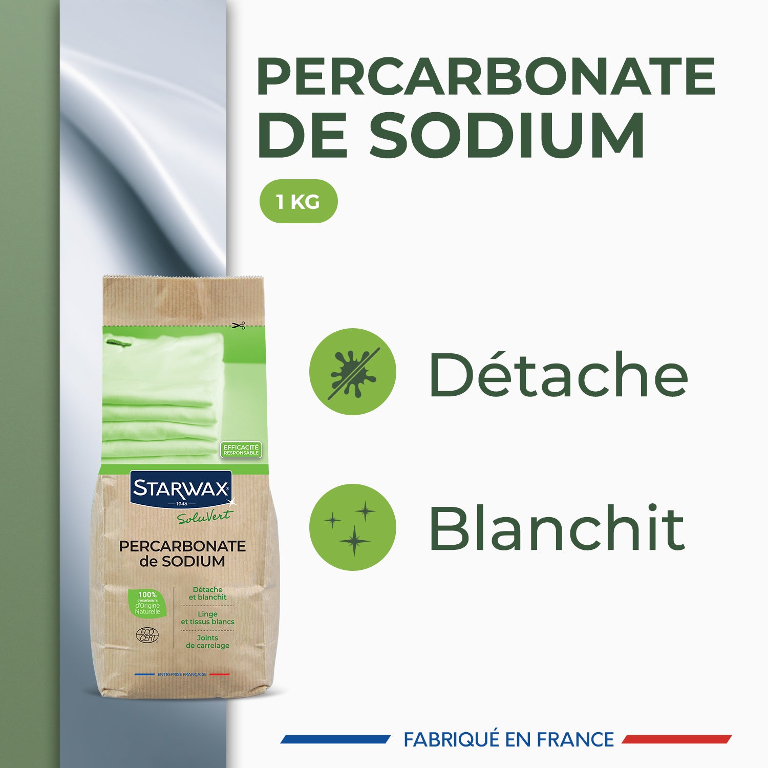 STARWAX SOLUVERT - Ma poudre détachante & raviveur de blancheur au percarbonate de soude – Sachet éco 1kg