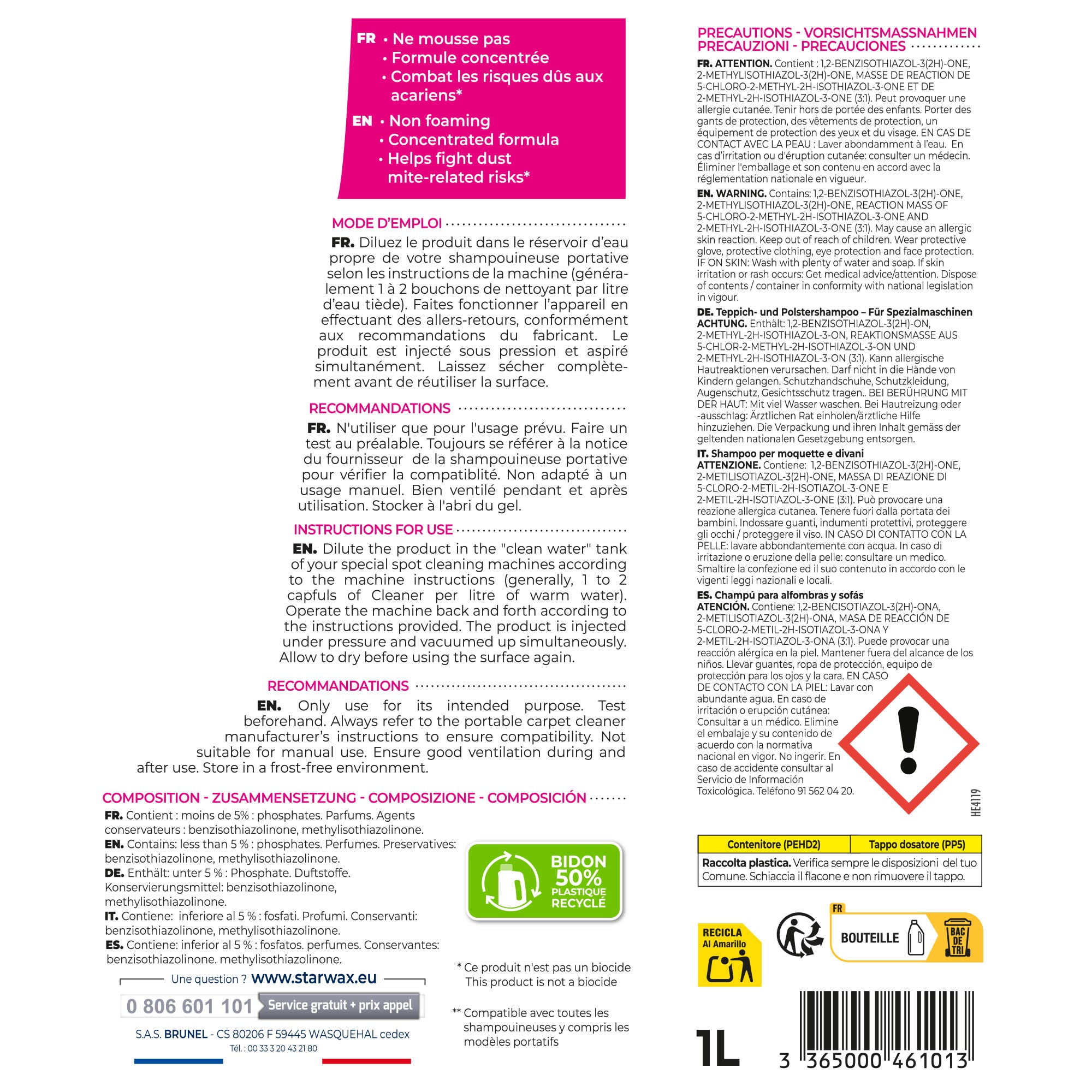 STARWAX - Shampooing canapés & tapis - Spécial machines 1L Incolore