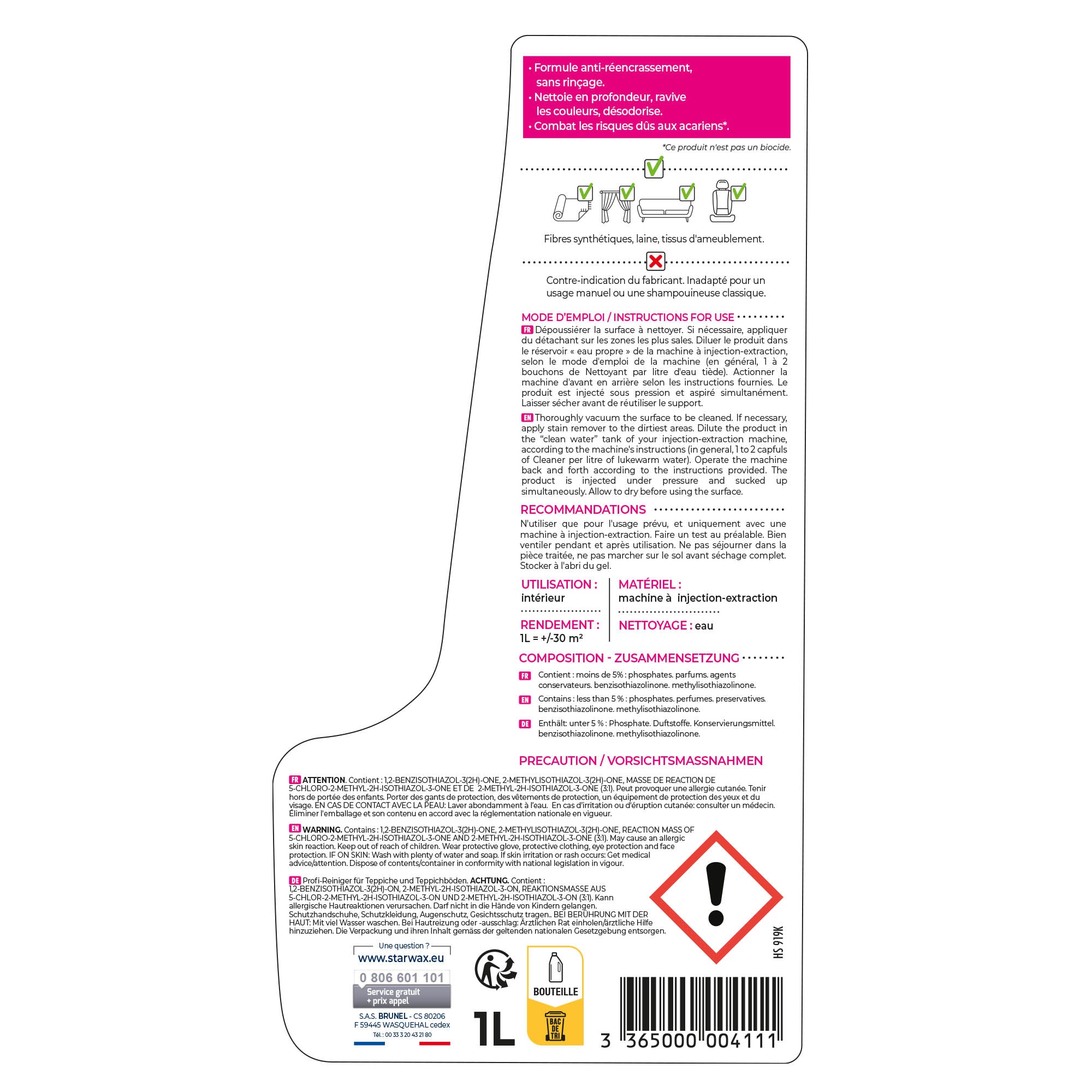 STARWAX - Nettoyant méthode "pro" pour tapis et moquettes 1L