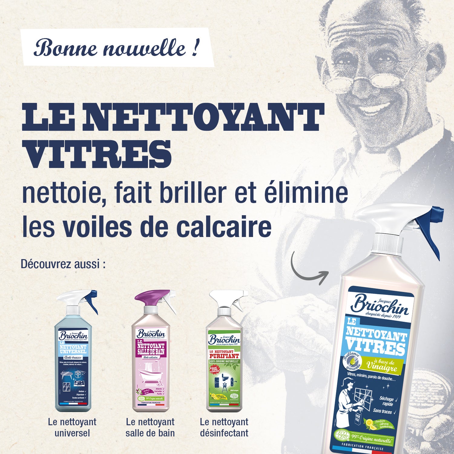 JACQUES BRIOCHIN - Nettoyant surfaces vitrées 750ml Sans parfum