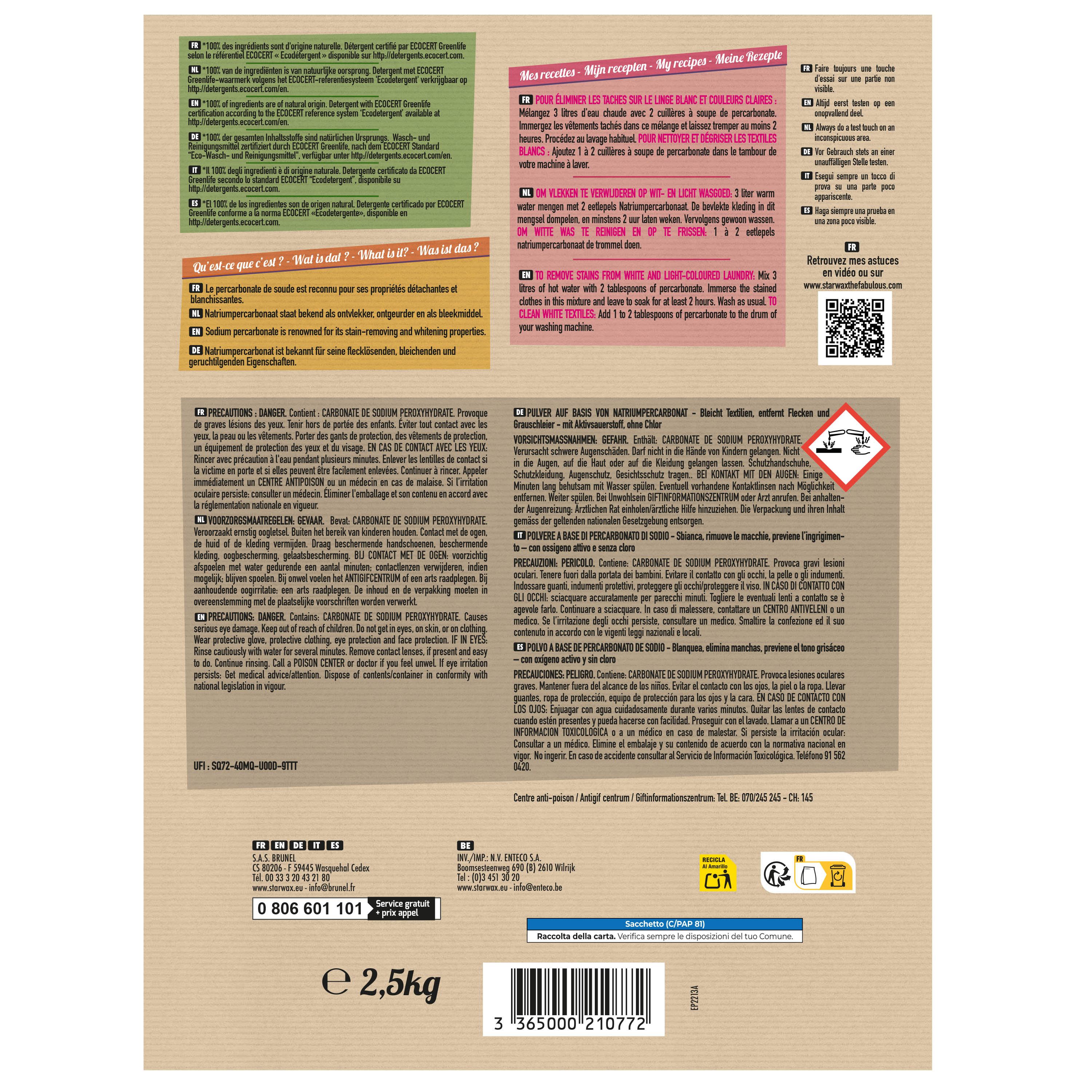 STARWAX FABULOUS - Ma poudre détachante & raviveur de blancheur au percarbonate de soude – Sachet éco 1kg