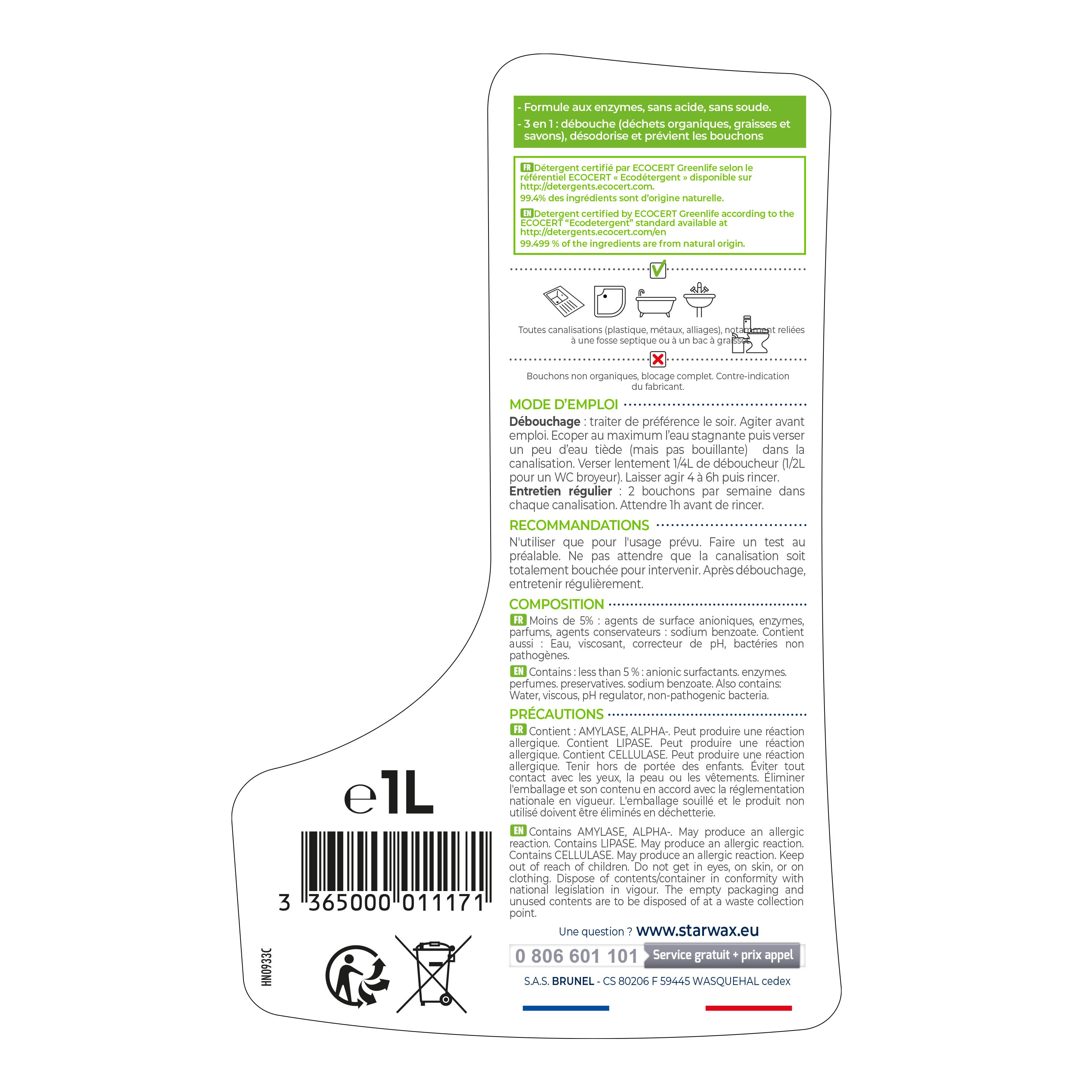 STARWAX SOLUVERT - Déboucheur 3 en 1 aux enzymes pour canalisations 950ml