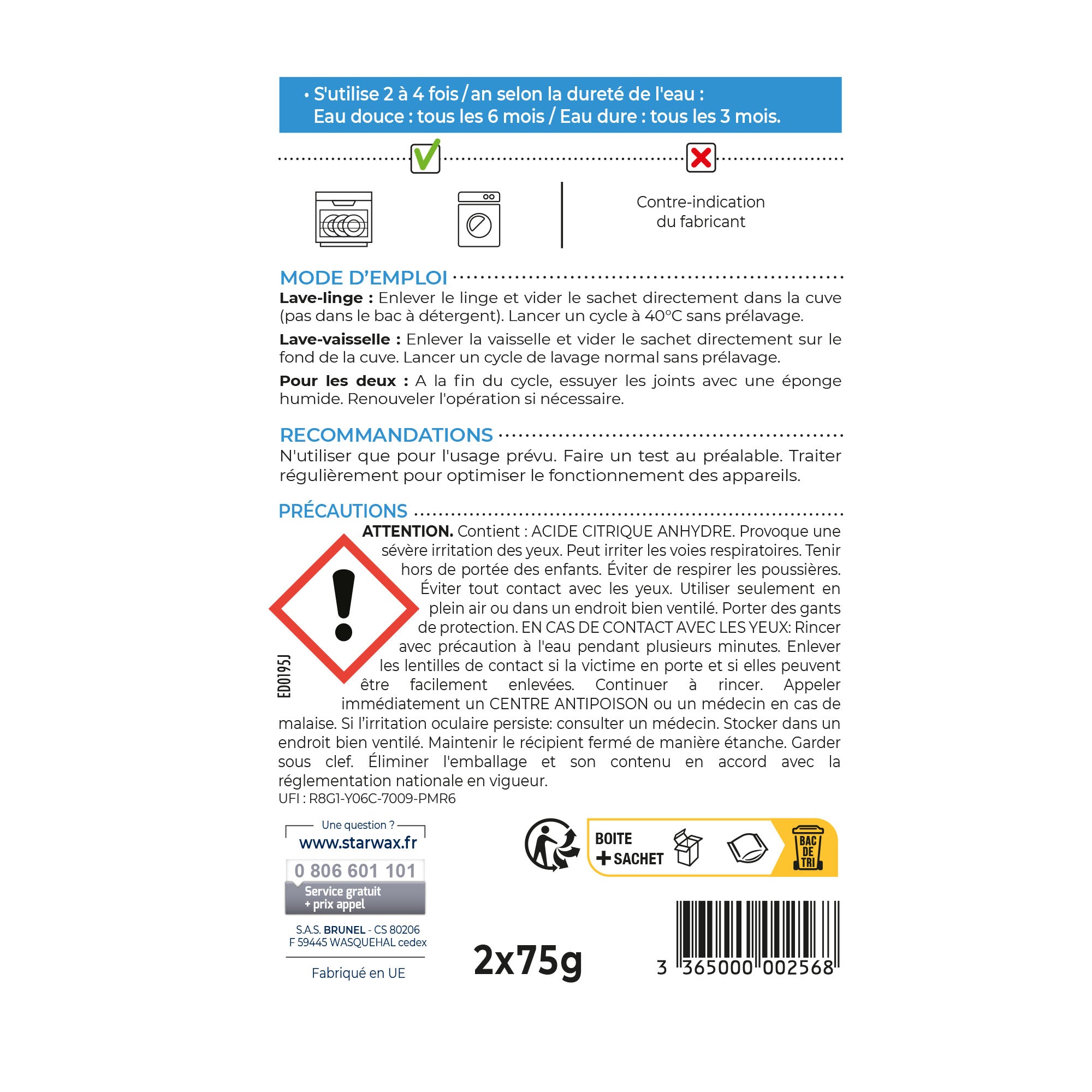 STARWAX - Détartrant pour lave-linge et lave-vaisselle 2 X 75g