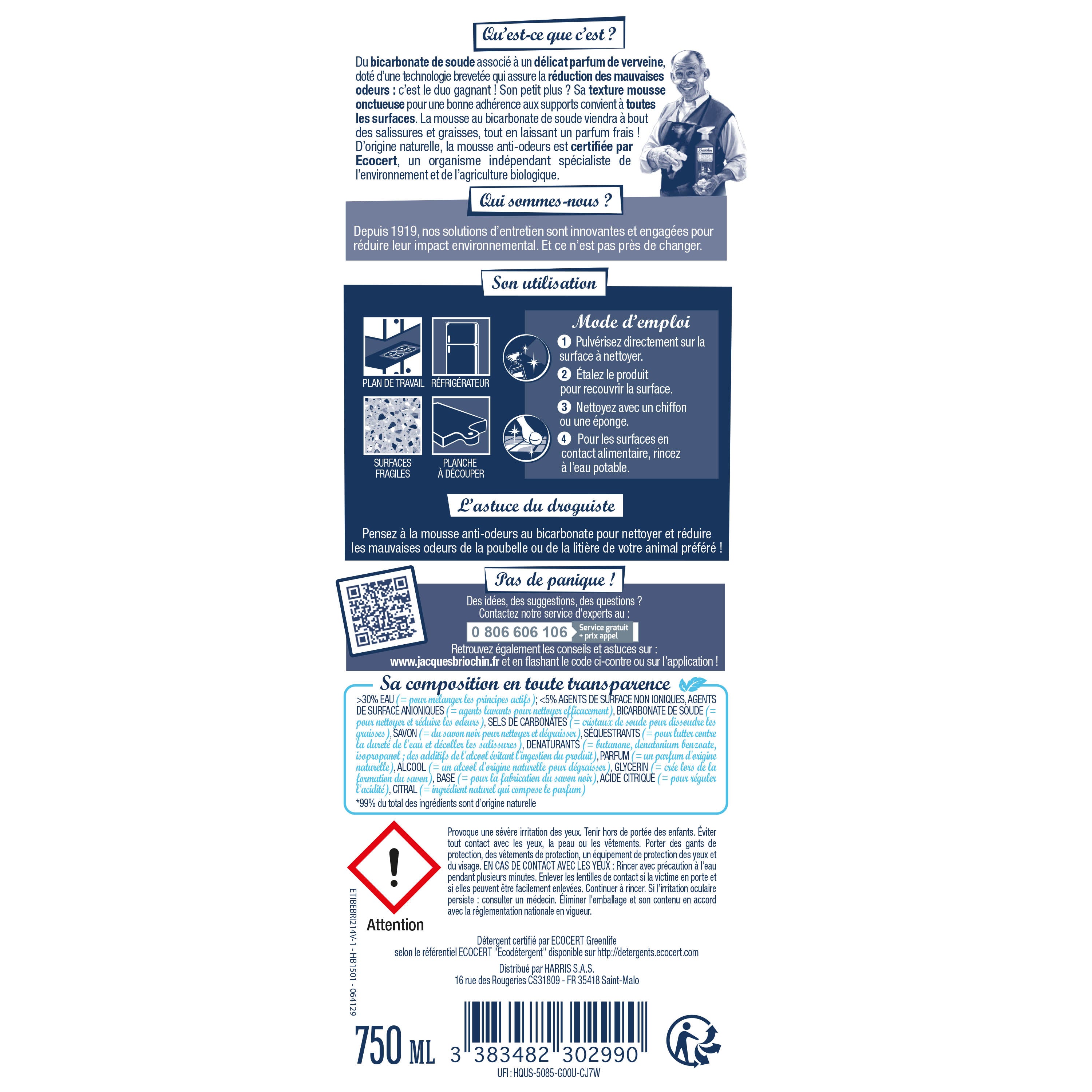 JACQUES BRIOCHIN - Mousse nettoyante au Bicarbonate de Soude - Parfum verveine 750ml Verveine