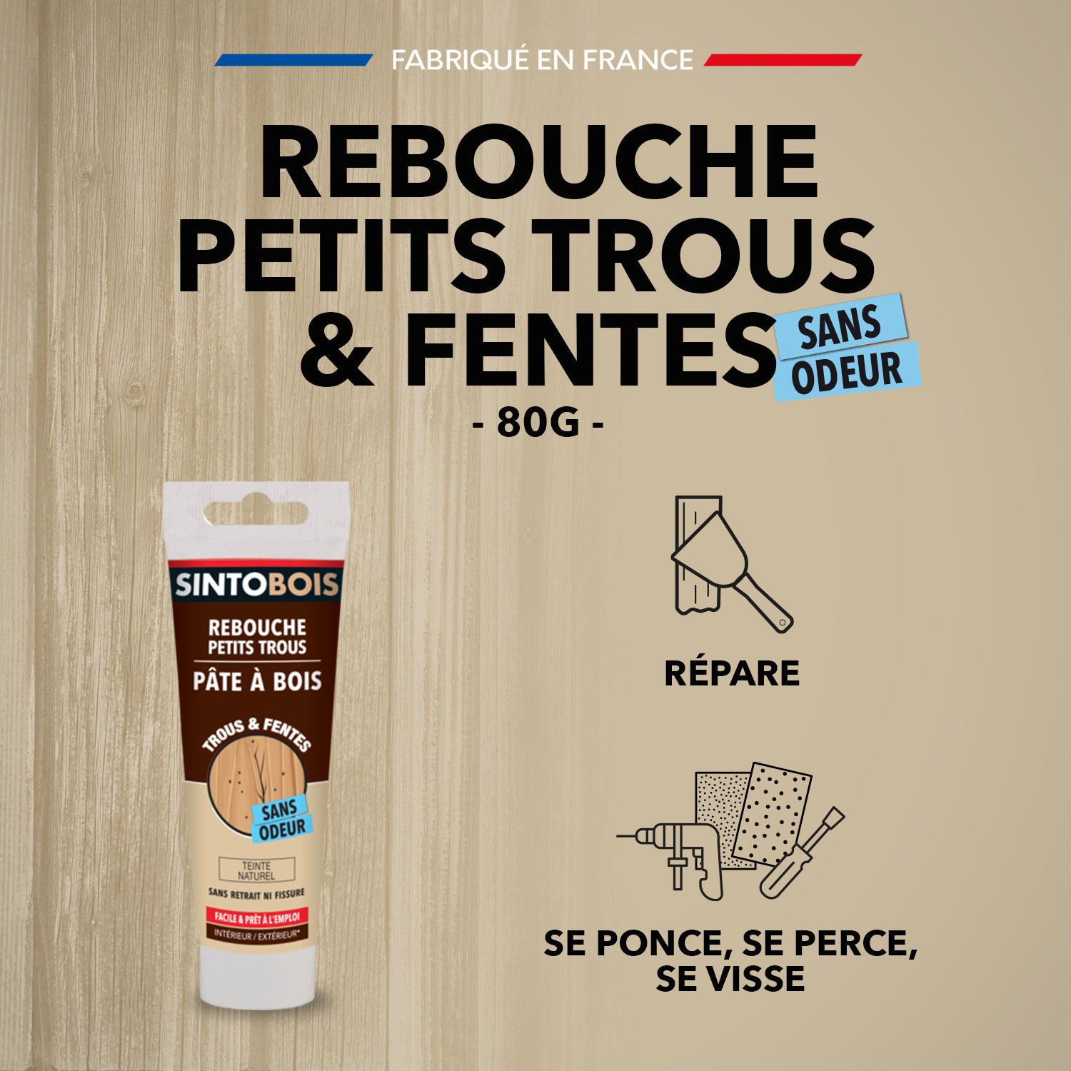 SINTO - Rebouche imperfections - Pâte à bois naturel 80g Blanc