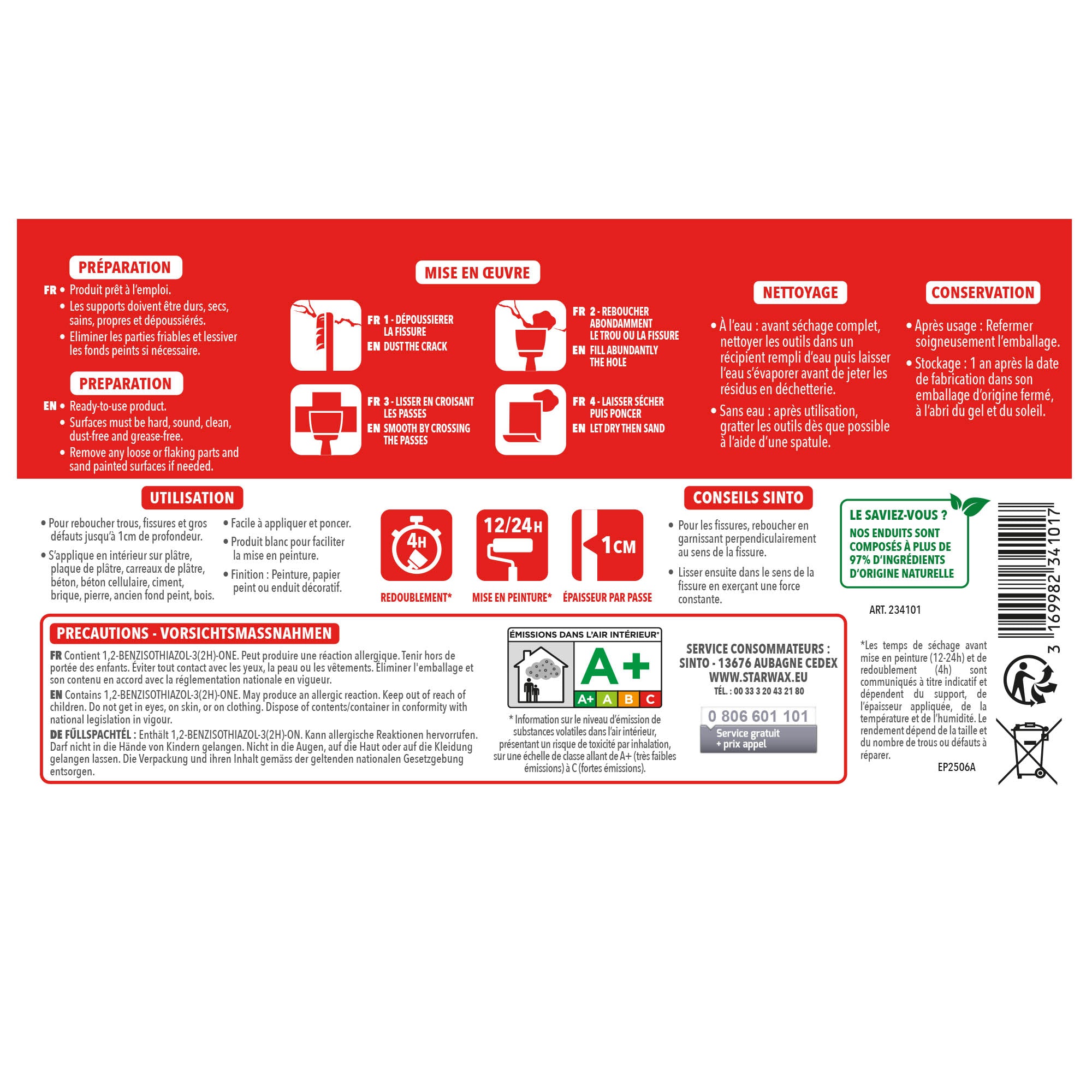 SINTO - Enduit rebouchage pâte 1kg Blanc