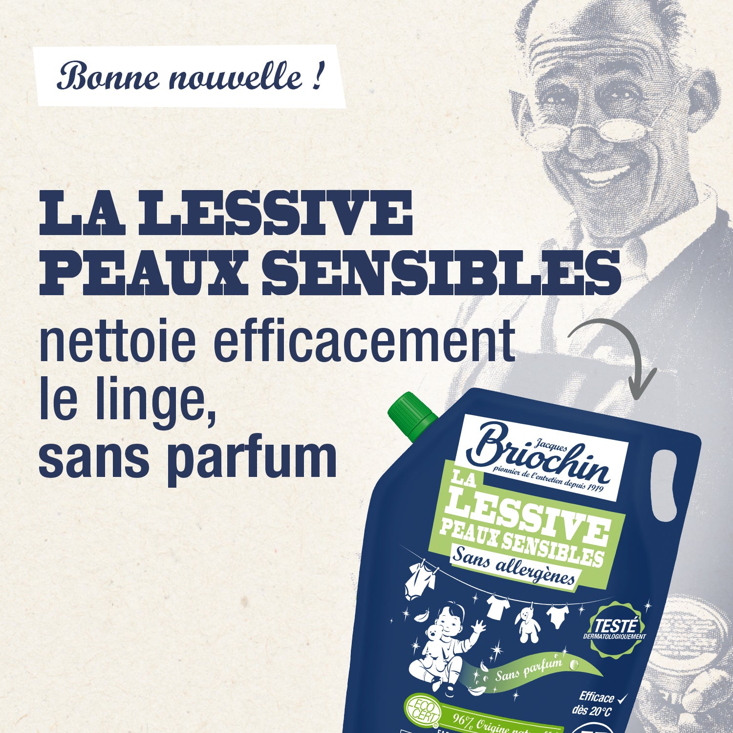 JACQUES BRIOCHIN - Recharge Ma lessive Peaux Sensibles - Sans allergènes 1,7L Sans parfum
