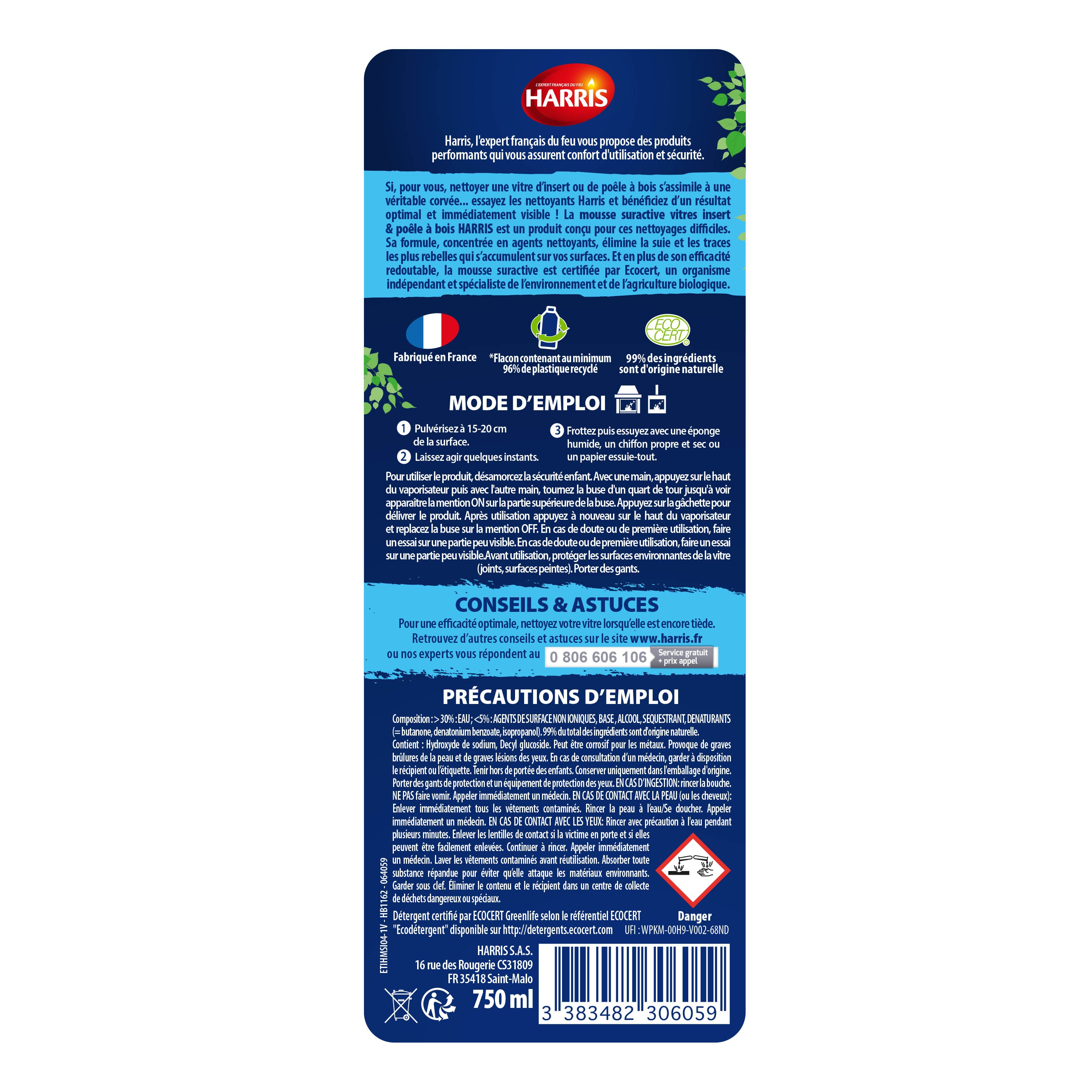 HARRIS - Mousse nettoyante vitre et insert 750ml