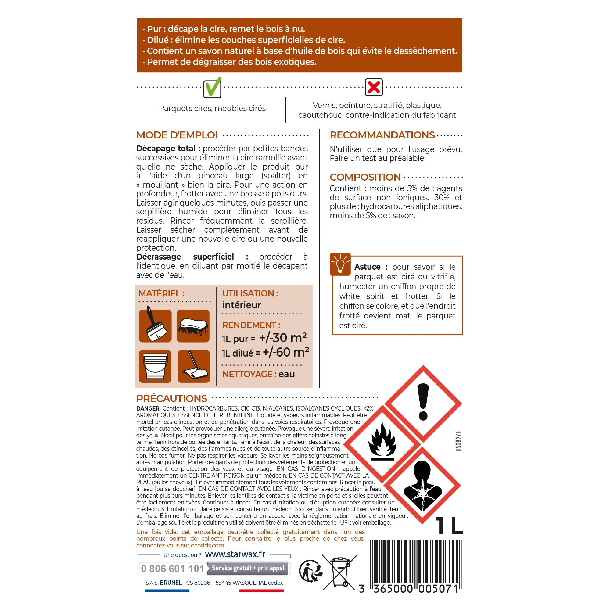 STARWAX - Décapant cire pour parquets cirés 1L