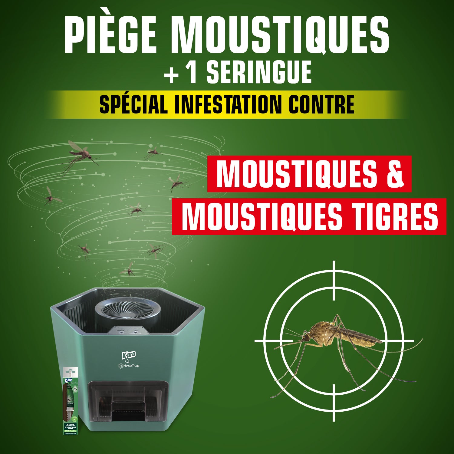 K.PRO - Piège électrique à moustiques et moustiques tigres + 1 seringue d'attractif 1 Piège + 1 seringue d'attractif