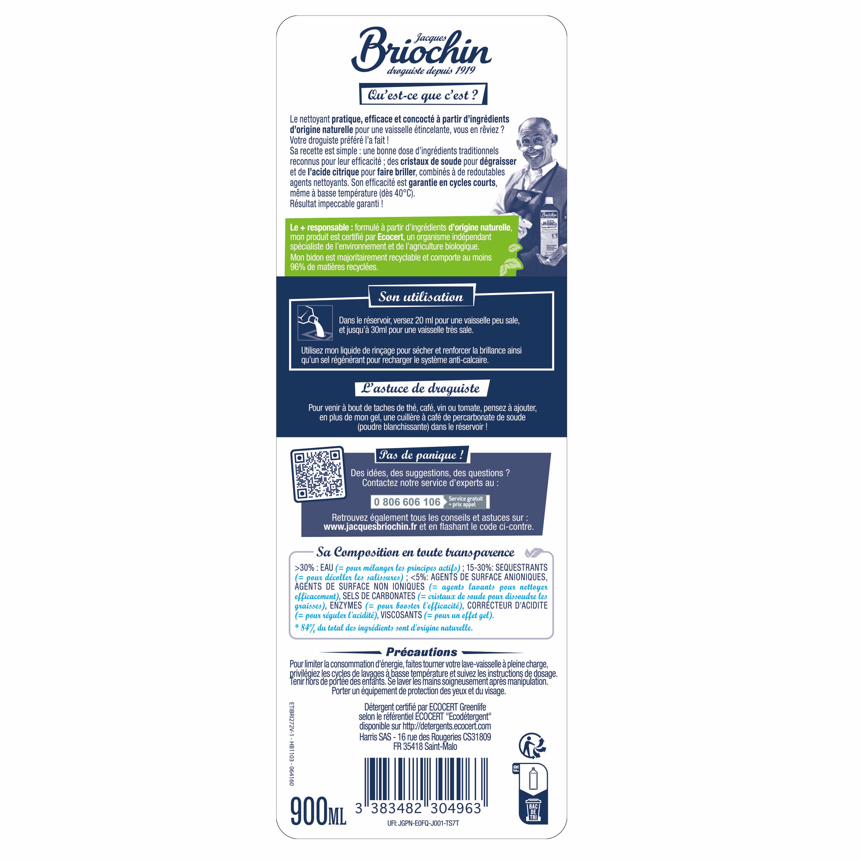 JACQUES BRIOCHIN - Gel Lave-Vaisselle 900ml Sans parfum