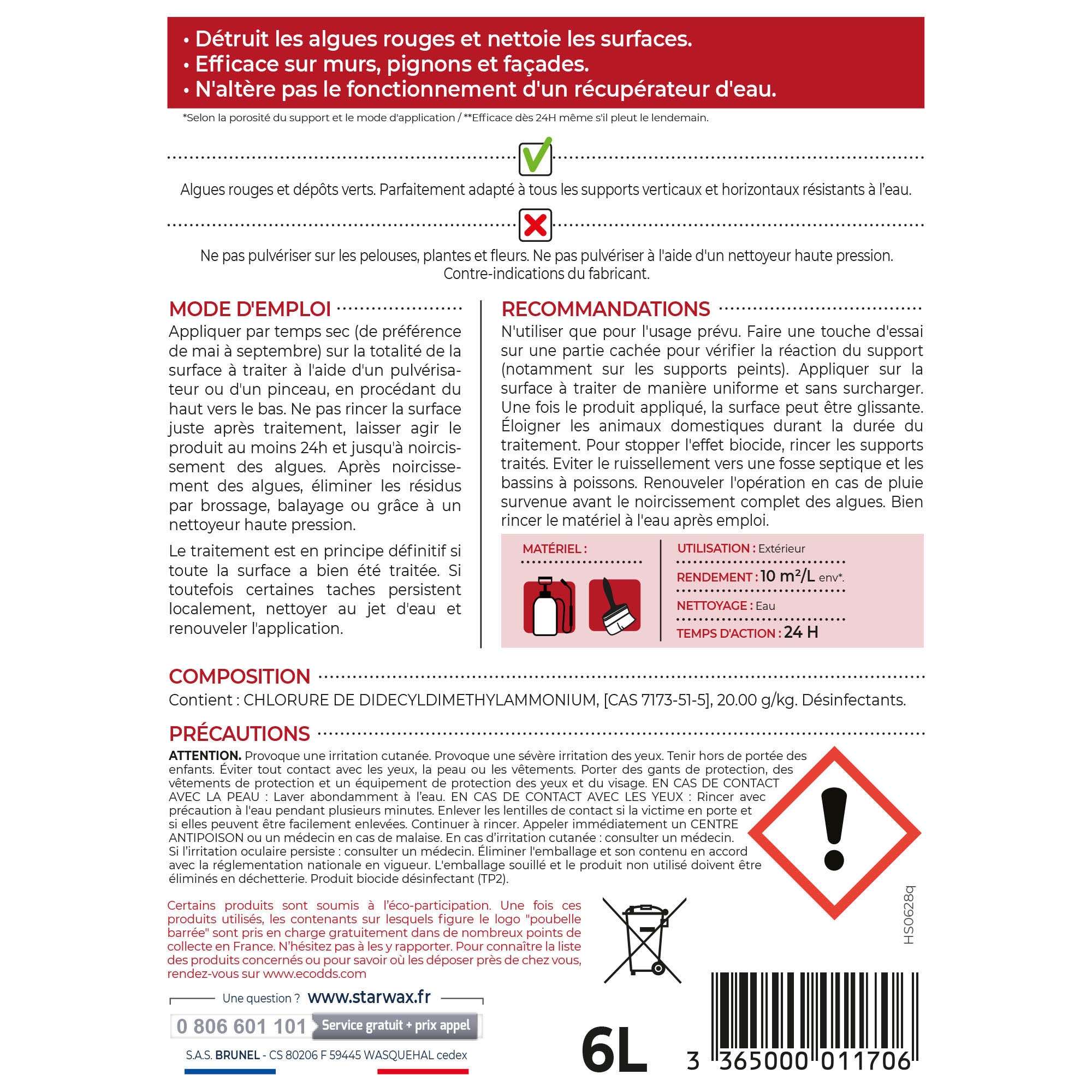 STARWAX - Traitement anti-algues rouges prêt à l'emploi pour murs et façades 6L