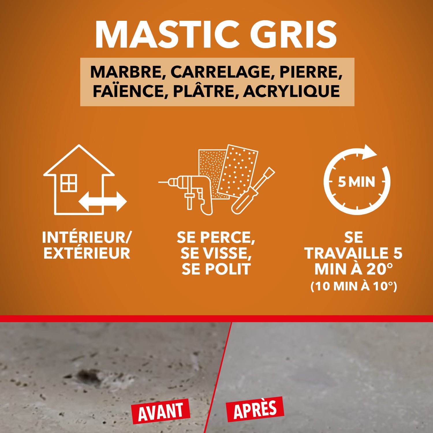 SINTO - Répare sols et murs gris (ardoise, marbre, pierre bleue, béton ciré) 280g Gris