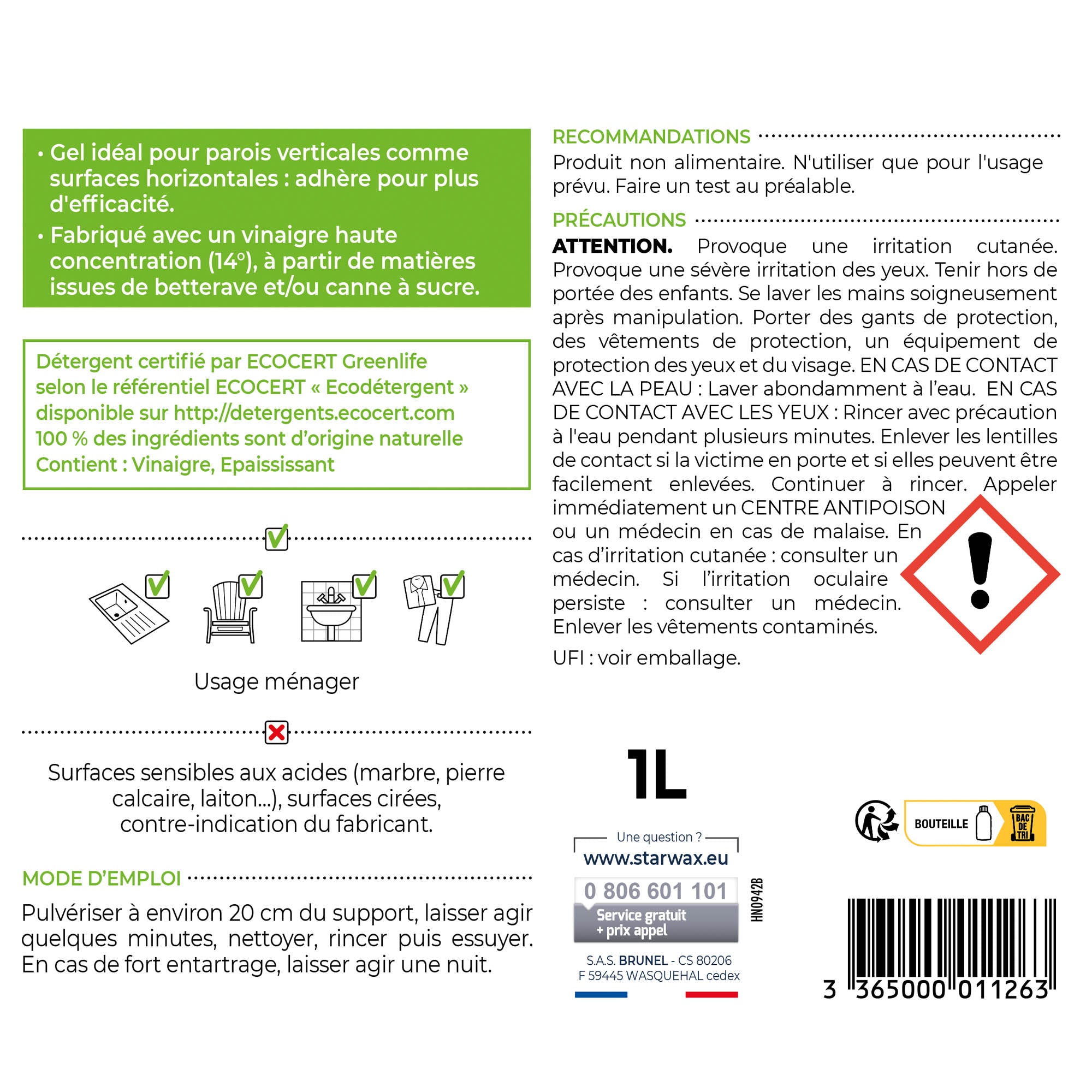 STARWAX SOLUVERT - Gel au vinaigre 14° 1L