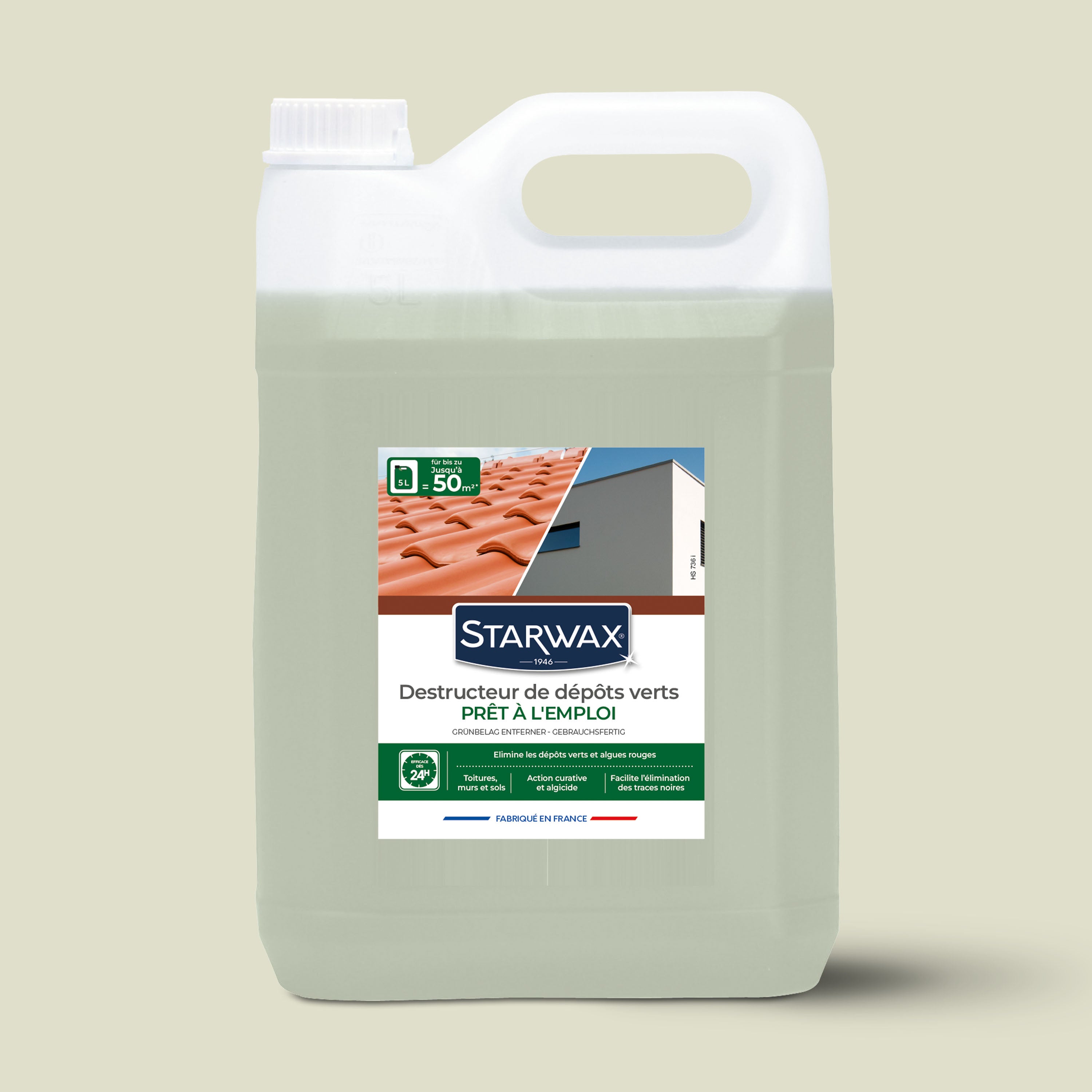 STARWAX - Destructeur de dépôts verts prêt à l'emploi pour toitures, murs et sols extérieurs 1L