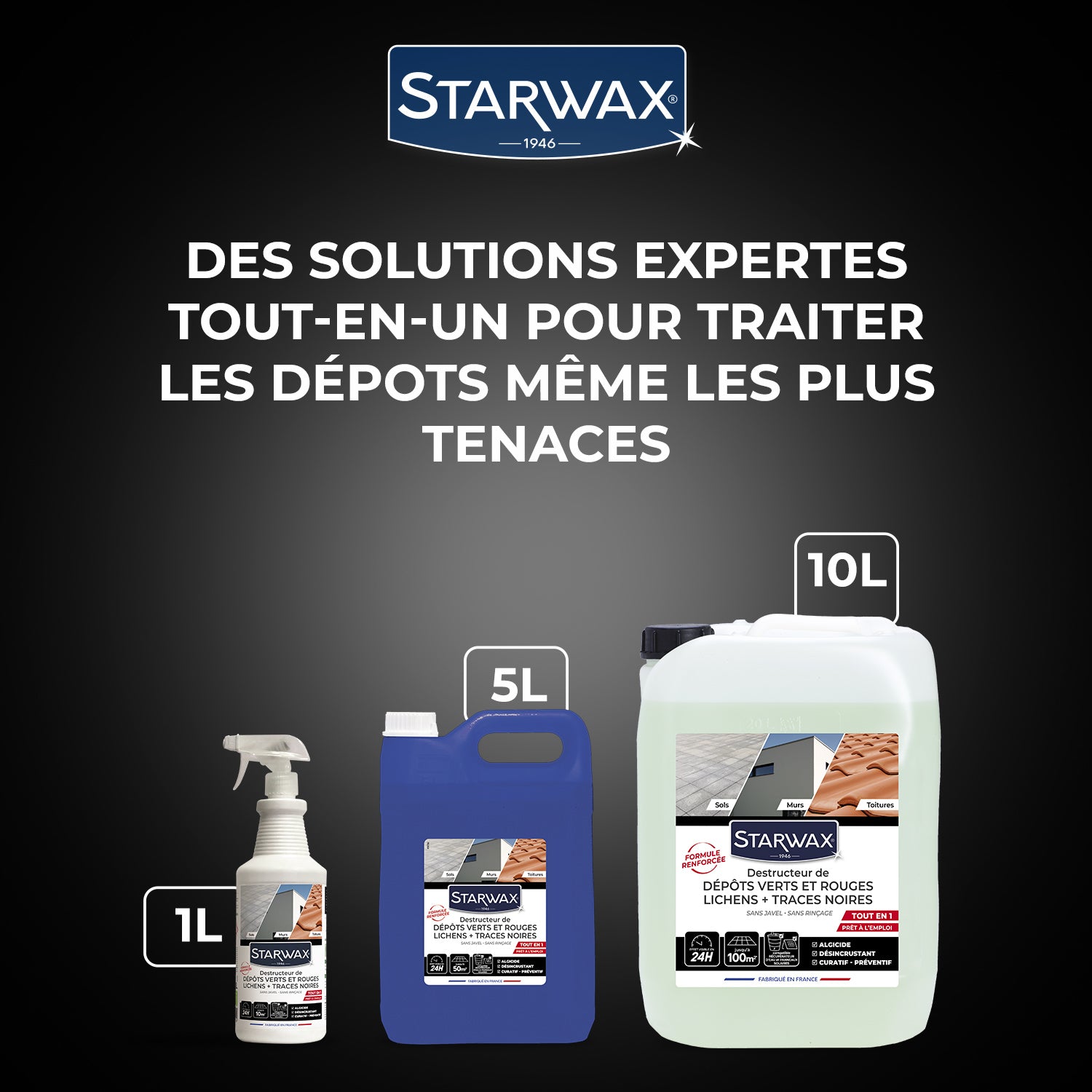 STARWAX - Destructeur de dépôts verts, rouges, lichens et traces noires prêt à l'emploi pour toitures, murs et sols extérieurs 1L