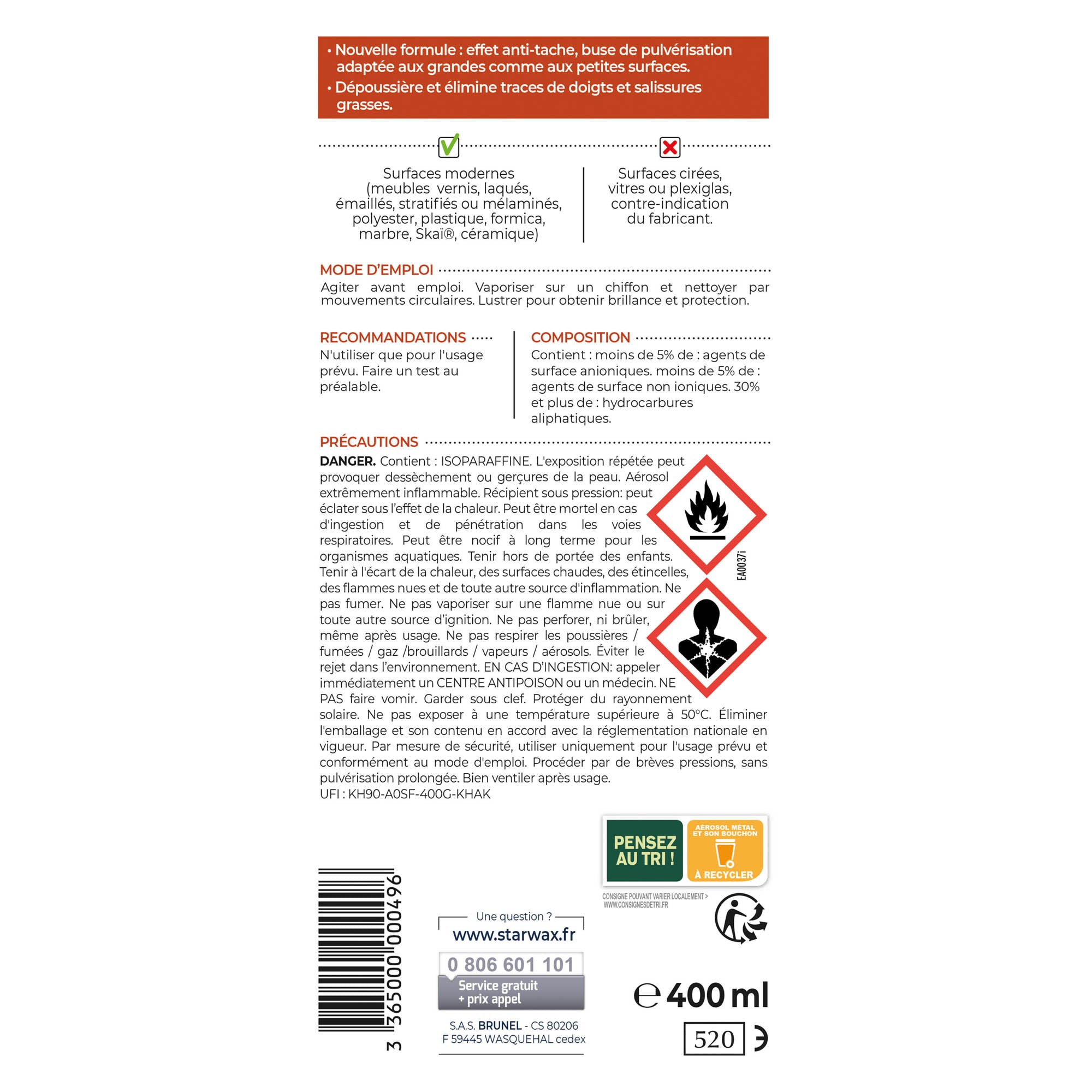 STARWAX - Nettoyant dépoussiérant brillant pour mobilier intérieur 400ml