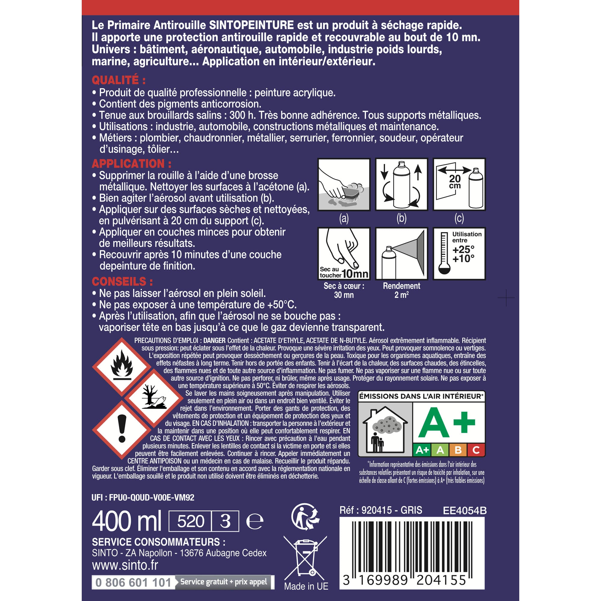 SINTO - Aérosol apprêt sous-couche 400ml Gris métal