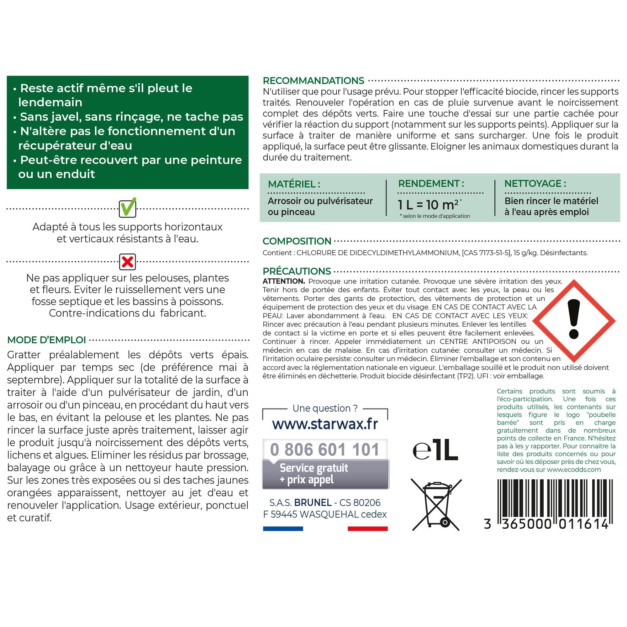 STARWAX - Destructeur de dépôts verts prêt à l'emploi pour toitures, murs et sols extérieurs 1L