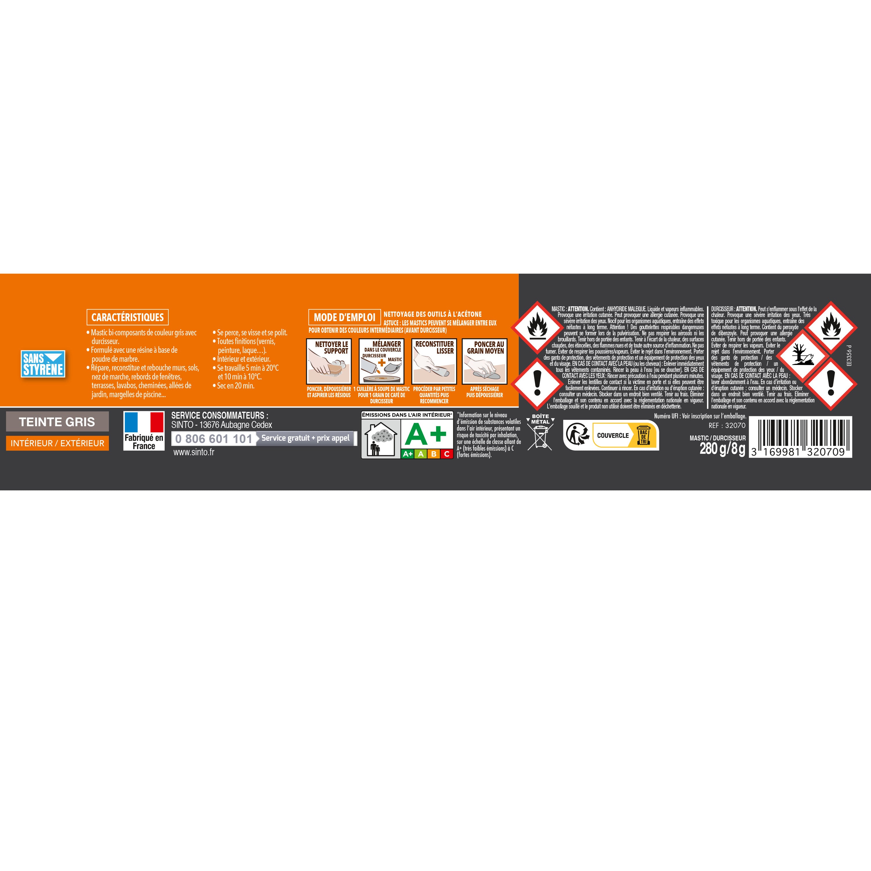 SINTO - Répare sols et murs gris (ardoise, marbre, pierre bleue, béton ciré) 280g Gris