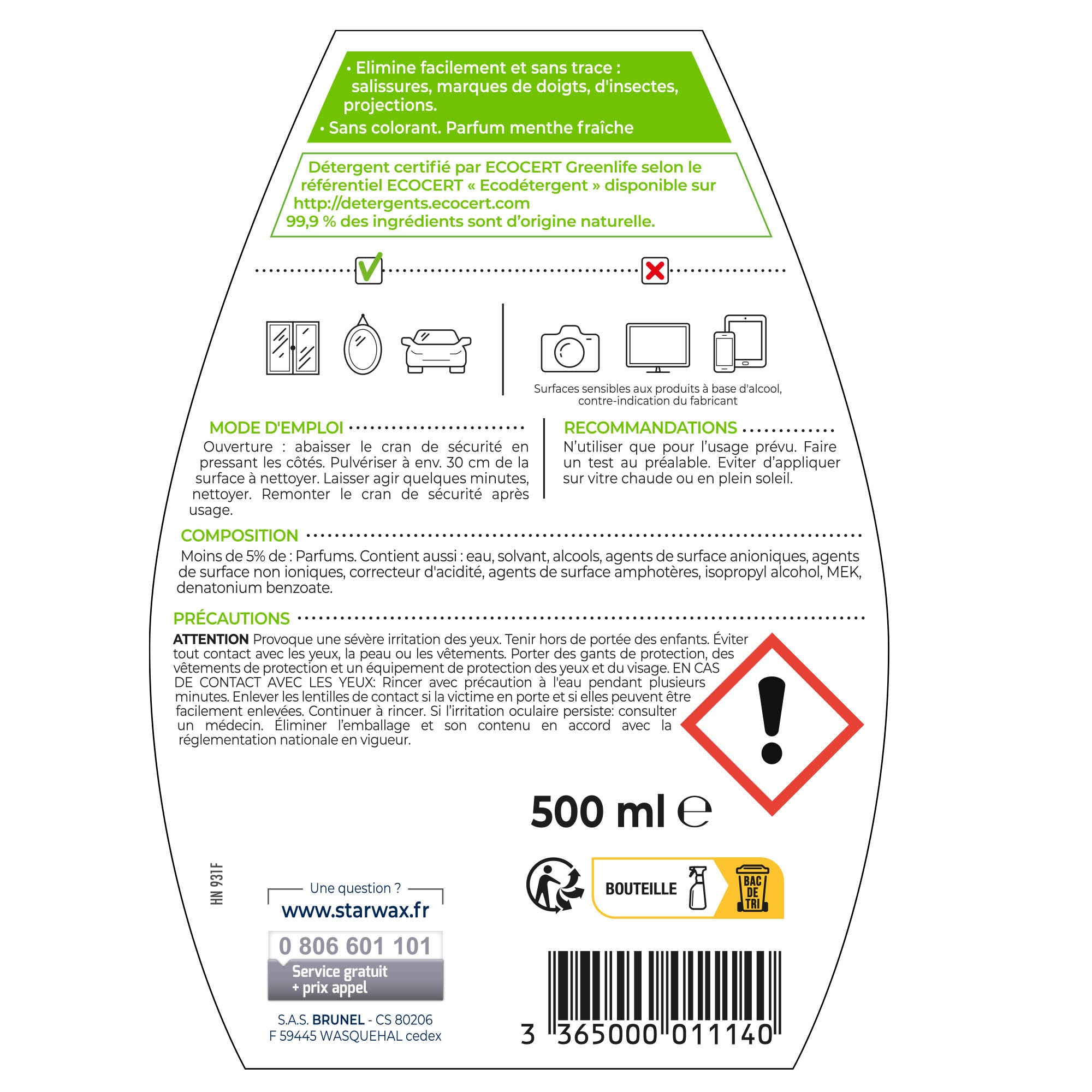 STARWAX SOLUVERT - Nettoyant spécial vitres et miroirs
500ml