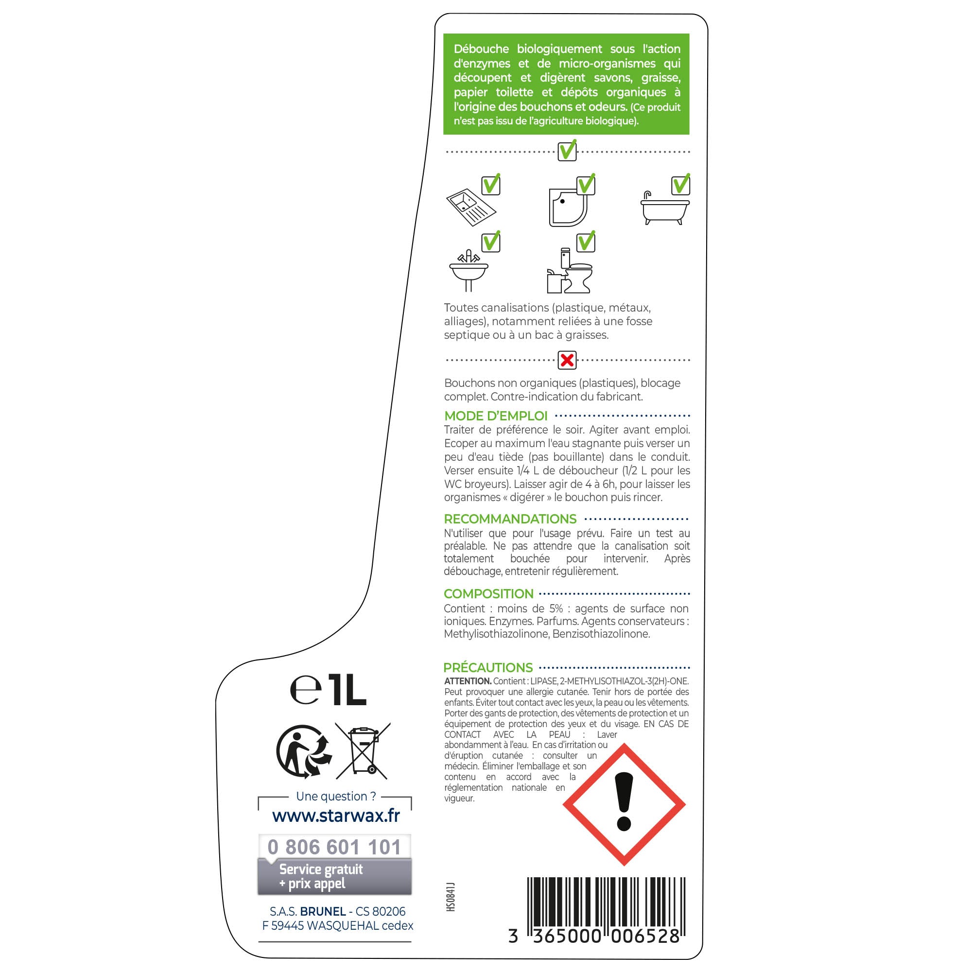 STARWAX - Déboucheur biologique pour canalisations 1L