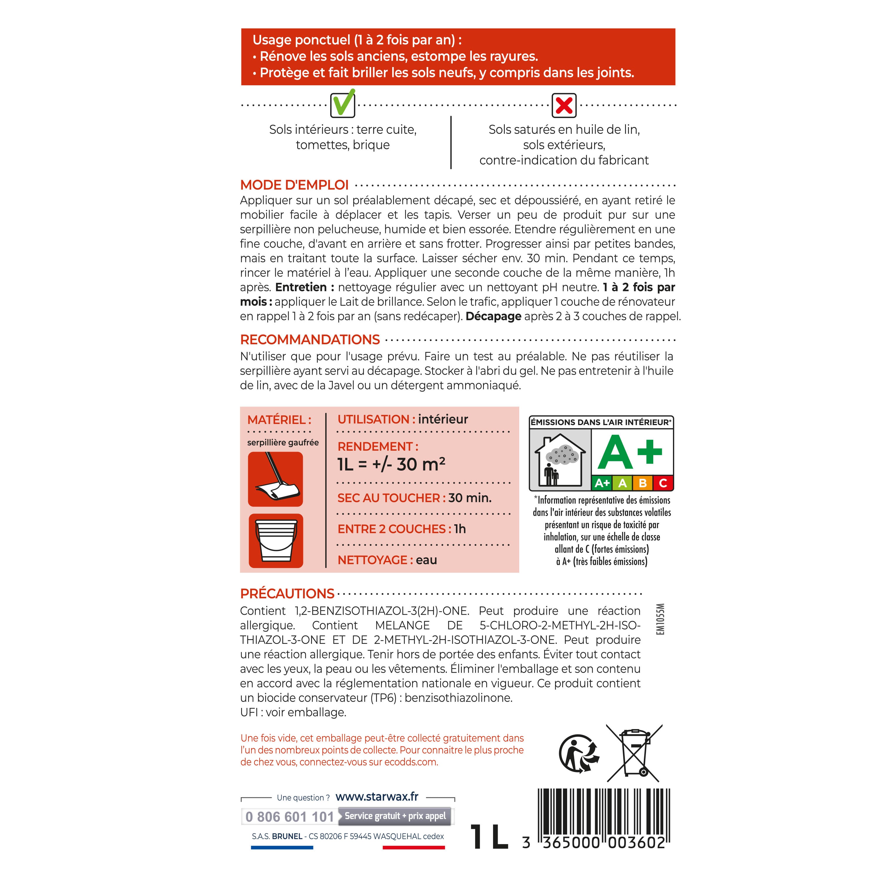 STARWAX - Rénovateur brillant protecteur pour tomettes et terres cuites 1L incolore
1L